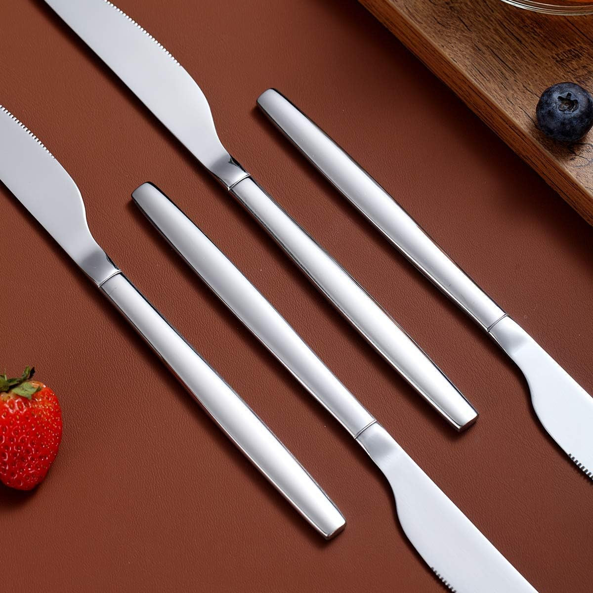 Set of 6 Stainless Steel Modern Dinner Knives - Dishwasher Safe Shiny Butter Knives