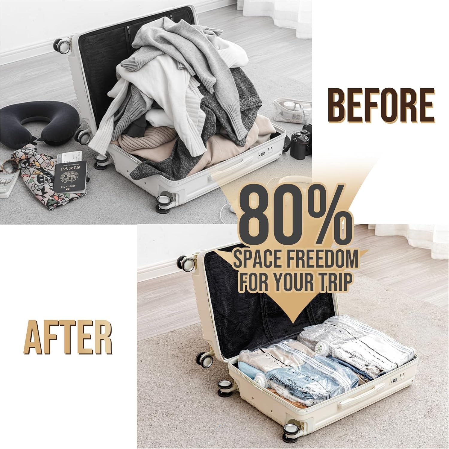 Vacuum Storage Bags for Travel, Medium Cube (25X19X11 Inch), 4 Pack Vacuum Seal Bags for Clothing, Compression Packing for Clothes, Blankets, Baby Clothes, No Pump Needed, Travel Accessories