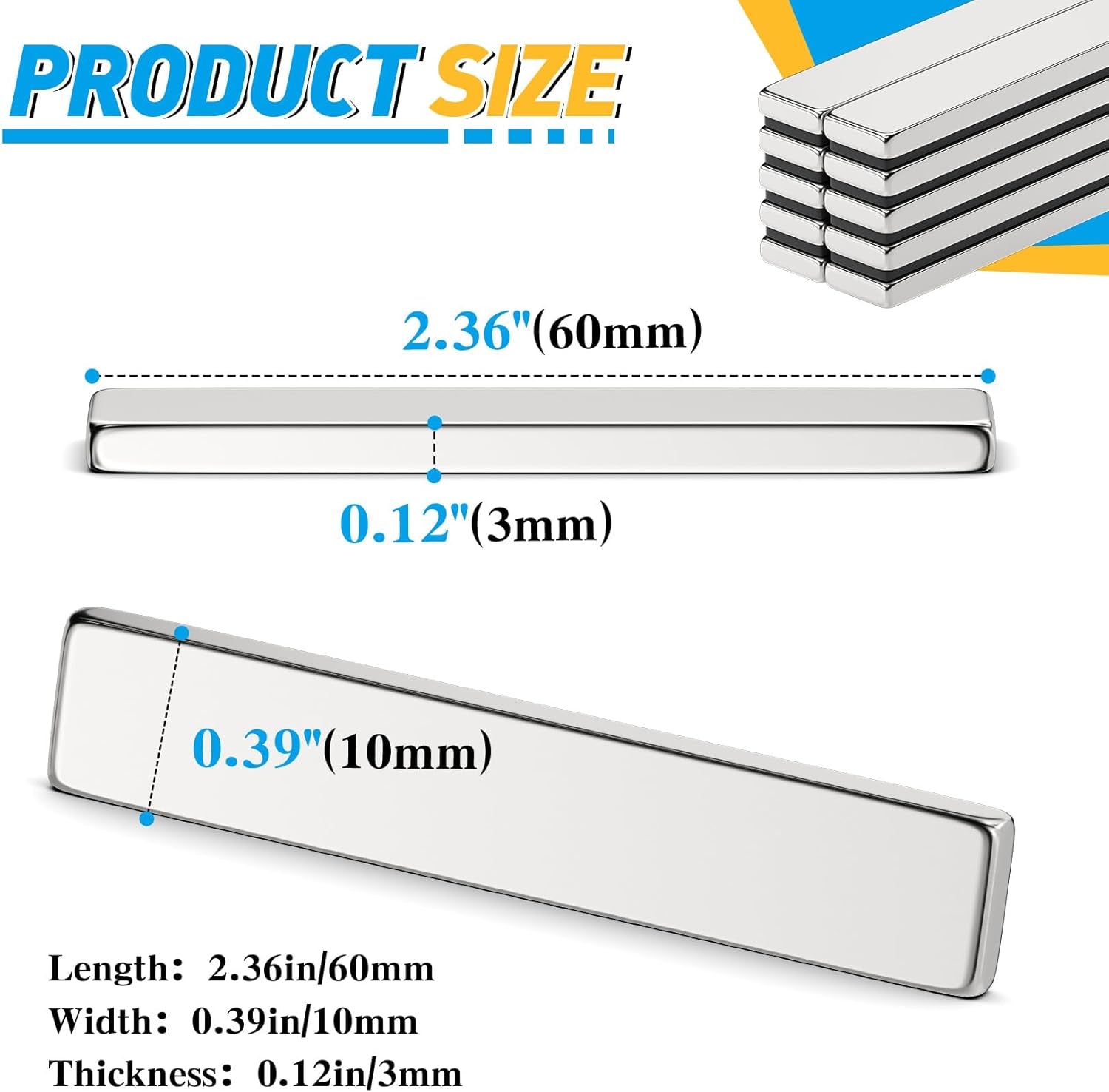 10Pack Magnets Bar Magnet Strips Permanent Rare Earth Magnets with Double-Sided Adhesive for Fridge, Garage, Kitchen, Science, Craft, Office, DIY