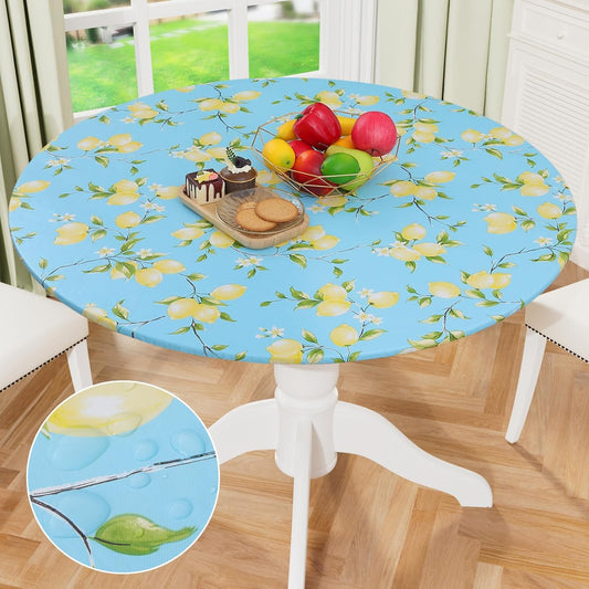 round Fitted Tablecloth with Elastic Edge, 100% Waterproof Oil Proof Plastic Table Cover, Vinyl Flannel Backed Tablecloth Fits 36"-44" round Tables for Dinner, Outdoor, Picnic, Lemon