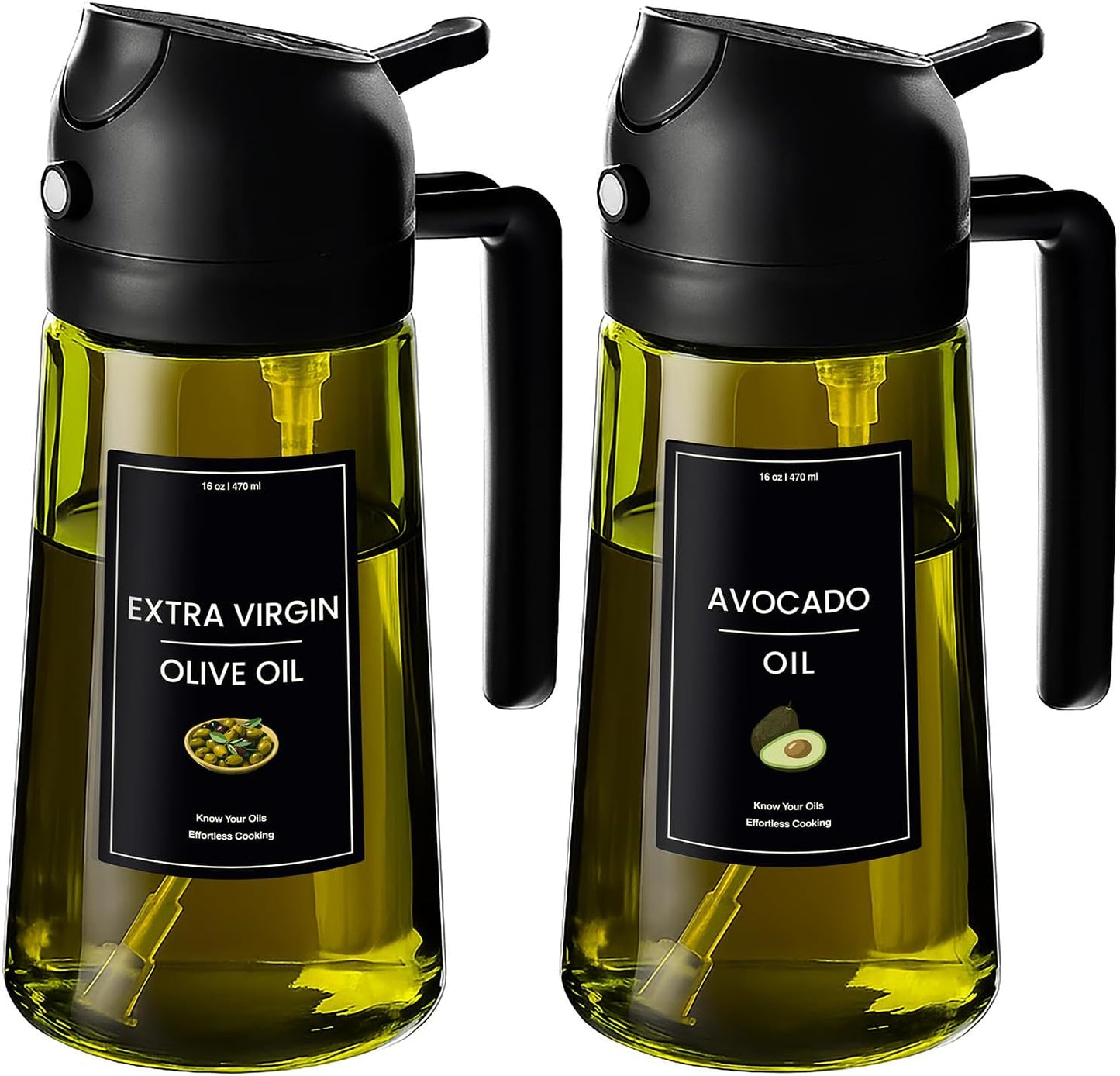 - 16Oz/470Ml Olive Oil Dispenser for Kitchen with Stickers - 2 in 1 Olive Oil Sprayer for Cooking, Air Fryer, and Salad, 2 Black (Light-Proof Kitchen Gadget)