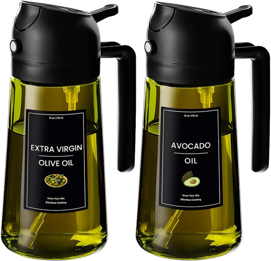 - 16Oz/470Ml Olive Oil Dispenser for Kitchen with Stickers - 2 in 1 Olive Oil Sprayer for Cooking, Air Fryer, and Salad, 2 Black (Light-Proof Kitchen Gadget)