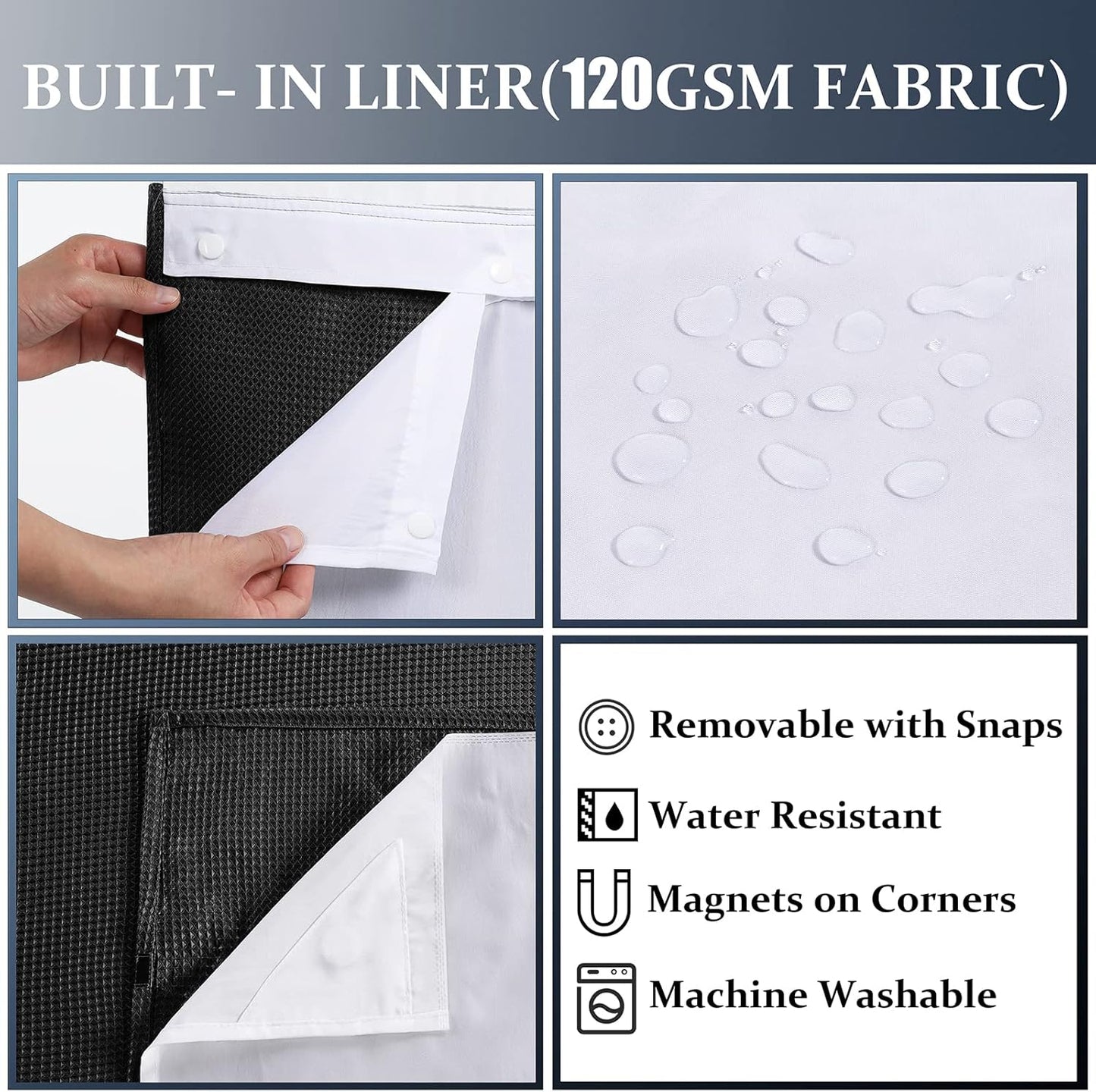 Waffle Weave Shower Curtain Set with Snap-In Fabric Liner, Heavyweight Fabric with 12 Hooks, Waterproof and Washable, Mesh Top Window, 78 "X 72", Black