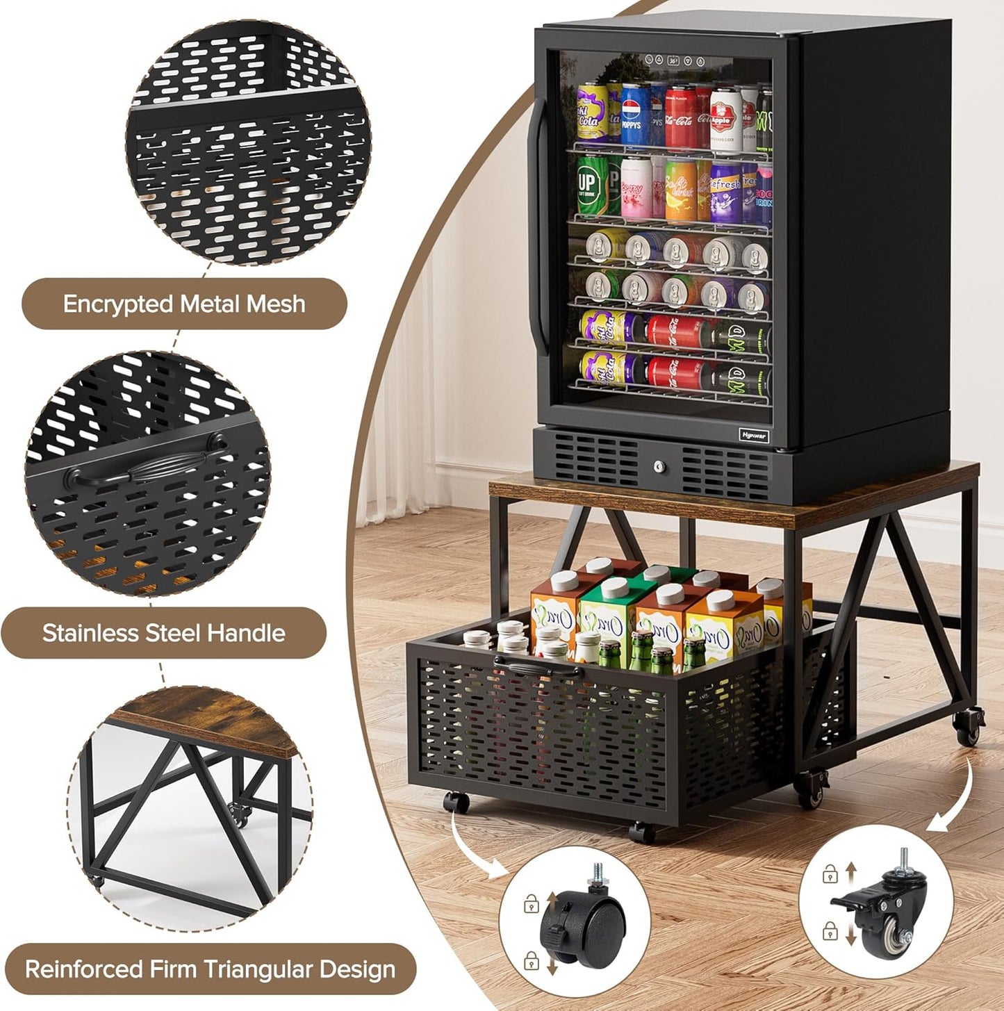 Mini Fridge Stand with Storage, Heavy Duty Fridge Cart with Drawer Basket, Mini Refrigerator Table for 220 LBS, Mobile Fridge Stand with Swivel Wheels for Dorm,Office,Home,Retro Brown