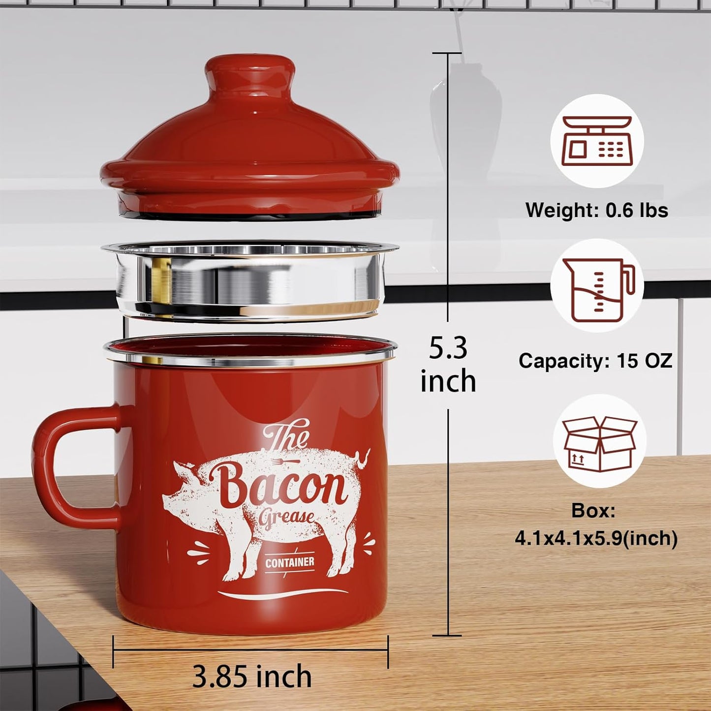 Mini Bacon Grease Container with Strainer - 15OZ Enamel Grease Saver, Farmhouse Bacon Grease Keeper for Kitchen Fat Storage, Dishwasher Safe-Red