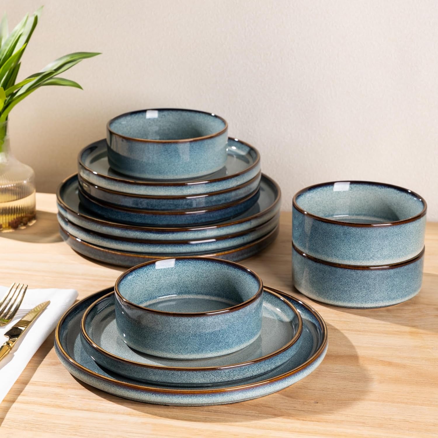 Ceramic Dinnerware Set for Four, 12-Piece Stoneware Plate and Bowl Collection, Reactive Glaze Finish - Scratch Resistant, Dishwasher and Microwave Safe