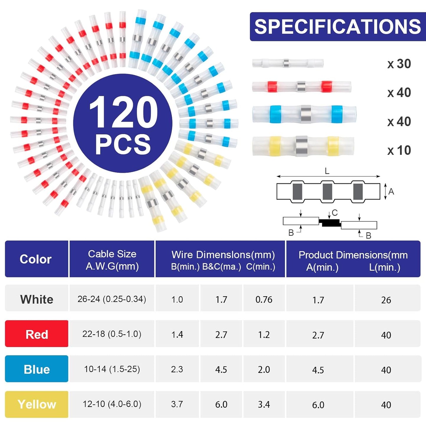 120PCS Heat Shrink Solder Seal Wire Connectors Kit, Waterproof Butt Connector Heat Shrink Electrical Terminals, Insulated Solderless Wiring Splice Connectors for Marine,Automotive,Stereo