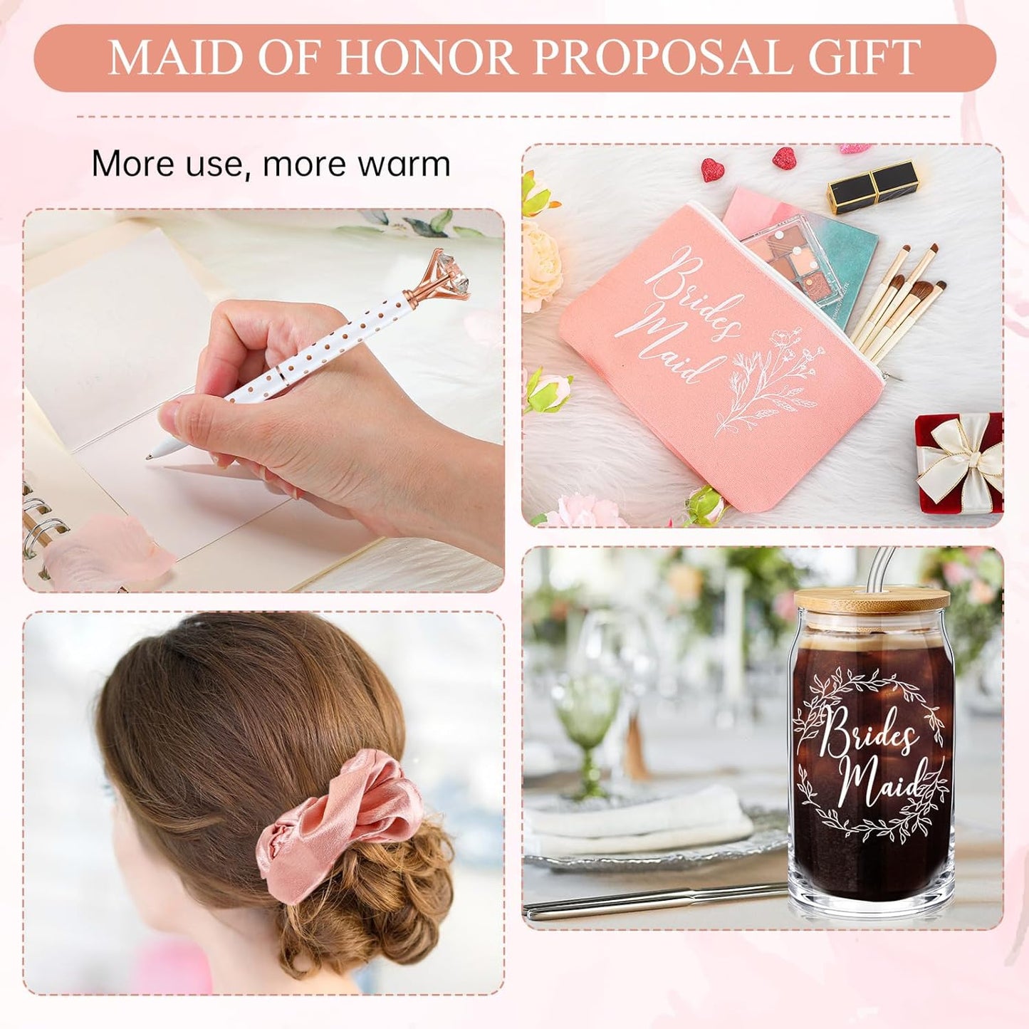 Bridesmaid Gift Box Set of 5 - Includes Glass Cups with Lids, Makeup Bags, Scrunchies, Hair Ties, and Diamond Ballpoint Pens for Wedding Party Favors (Rose Pink)