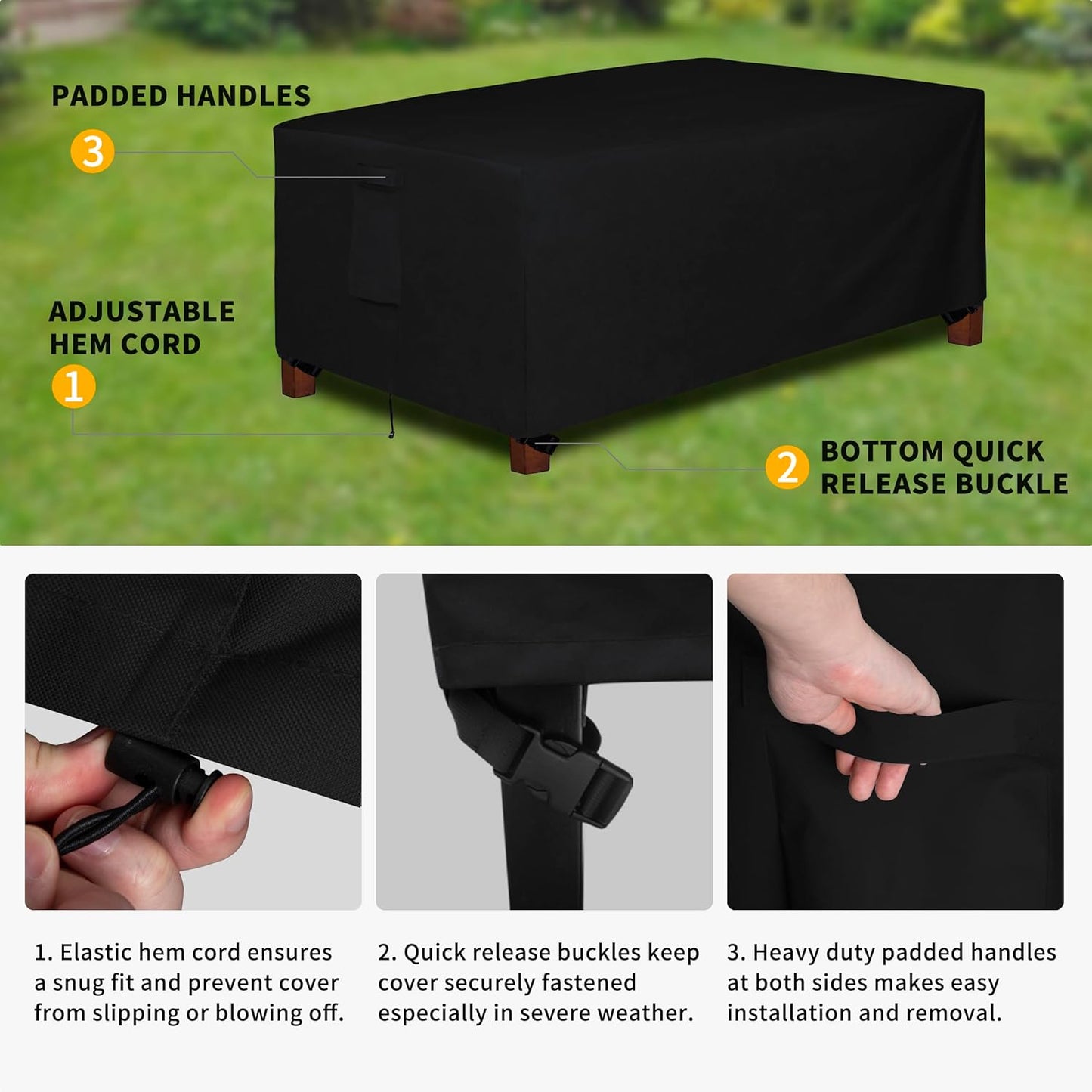 600D Heavy Duty Rectangular Table Cover UV Resistant and Waterproof Outdoor Lawn Patio Furniture Cover (72" Lx44 Wx23 H, Black)