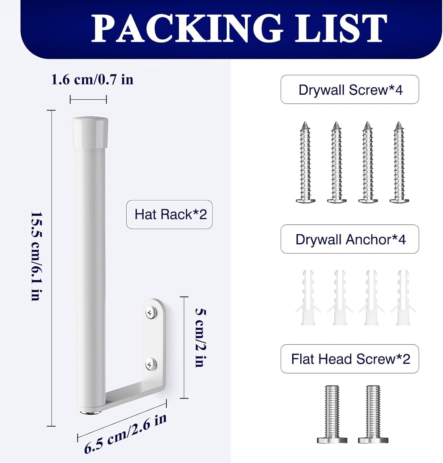 Hat Rack for Wall - 2 Packs, Sturdy Metal Hat Organizer for Baseball Caps, Space-Saving Hat Holder, Multipurpose Hat Storage Organizer for Door, Closet, Bedroom, White, 6.1"X2.6"