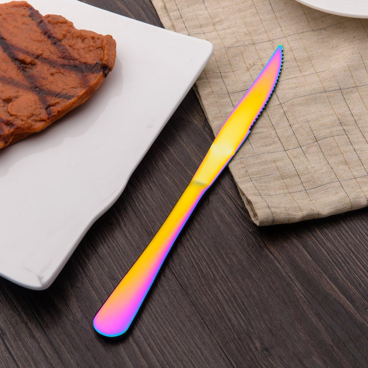Multicolor Titanium-Plated Stainless Steel Steak Knives - Heavy-Duty Set for Chefs, Ideal for BBQs, Weddings, Dinners, and Home Use - Pack of 6