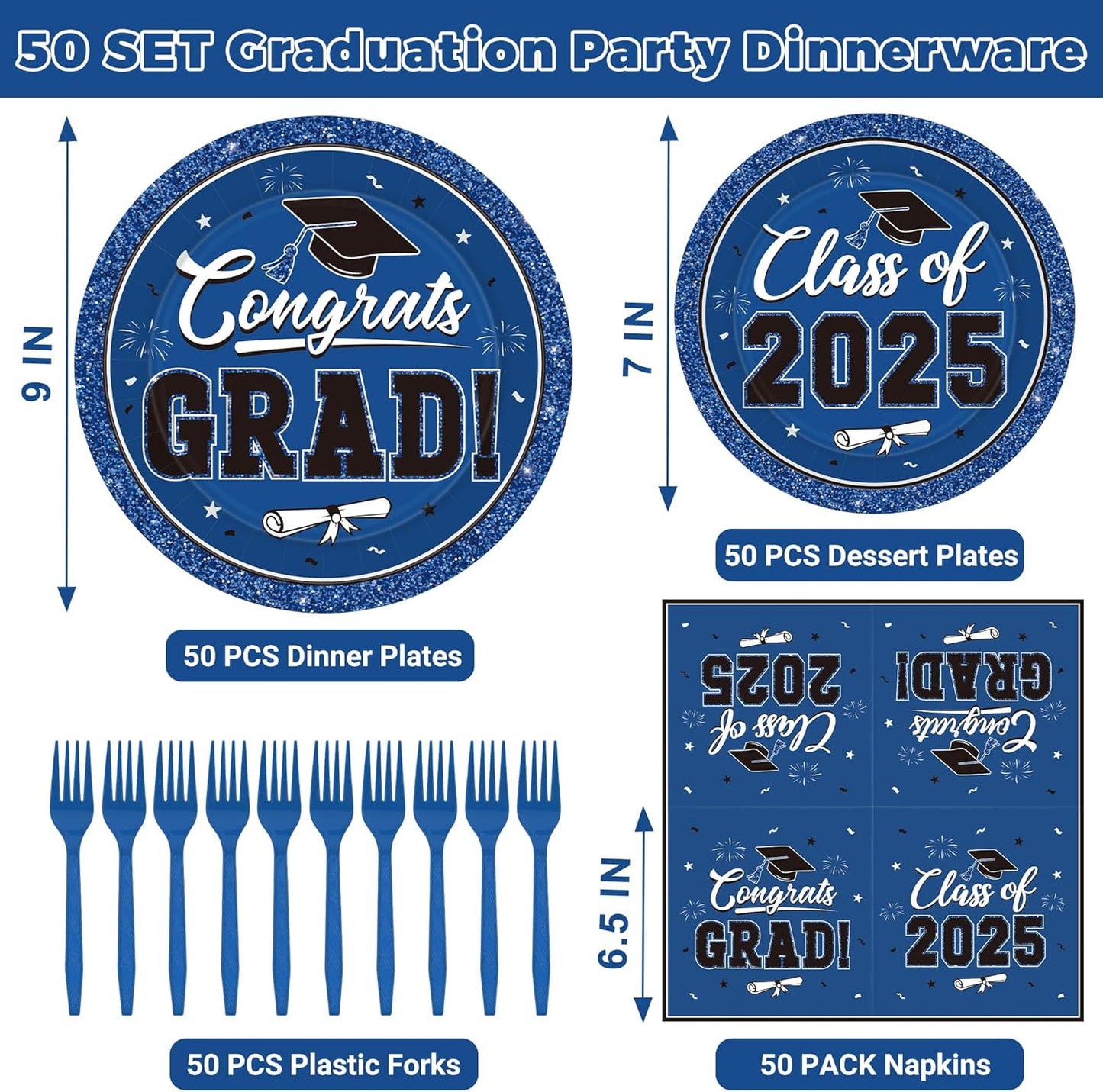 50 SET Graduation Plates and Napkins 2025 and Forks, Blue Graduation Paper Plates Class of 2025, Disposable Blue Plate and Napkins Party Supplies Decorations Class of 2025