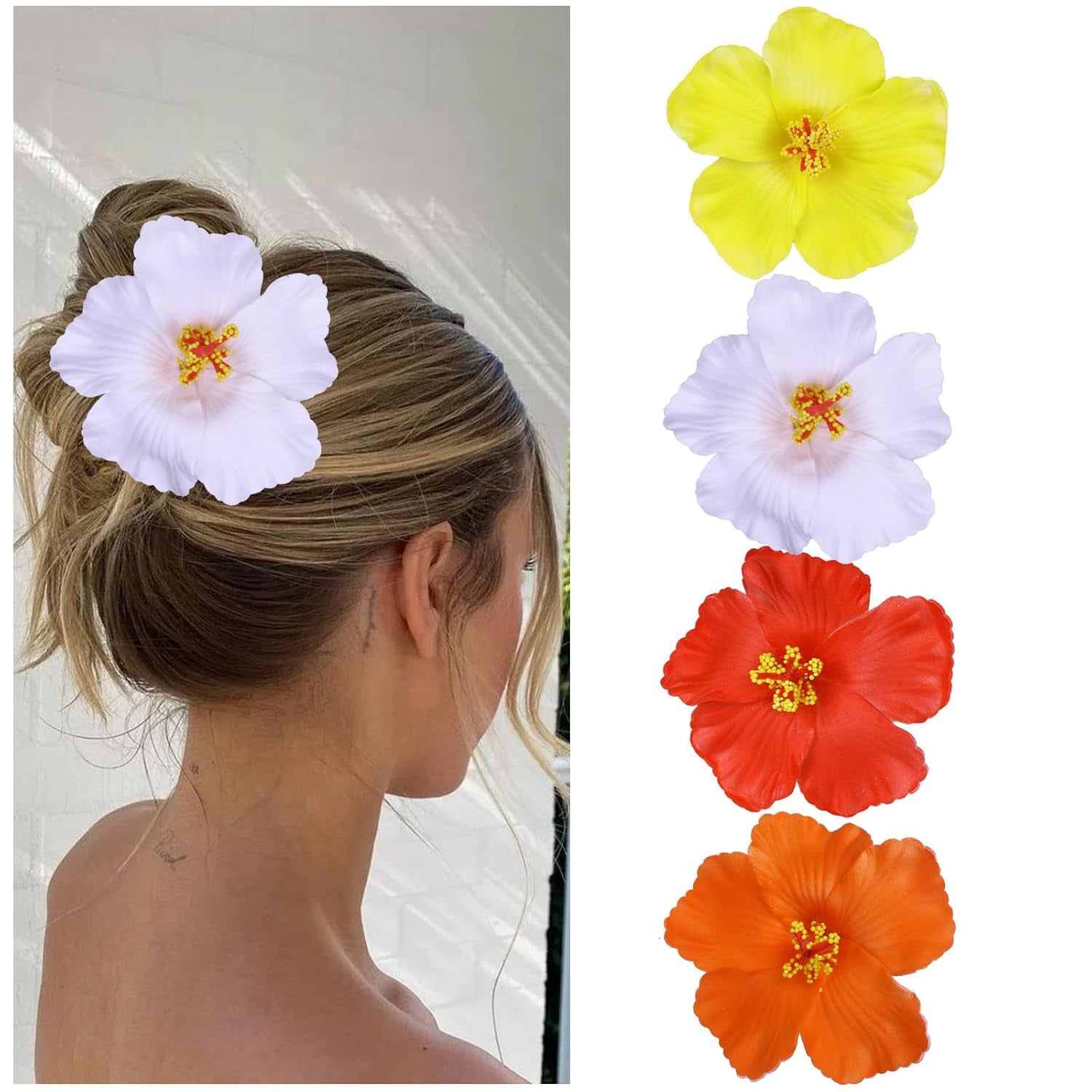 Hawaiian Flower Hair Clips for Women,4Pcs 3.5 Inch Artificial Flower Clips,Plumeria Hibiscus Hairclip for Beach Party,Cute Summers Tropical Flowers Bow Hair Accessories for Girls Holiday Gifts