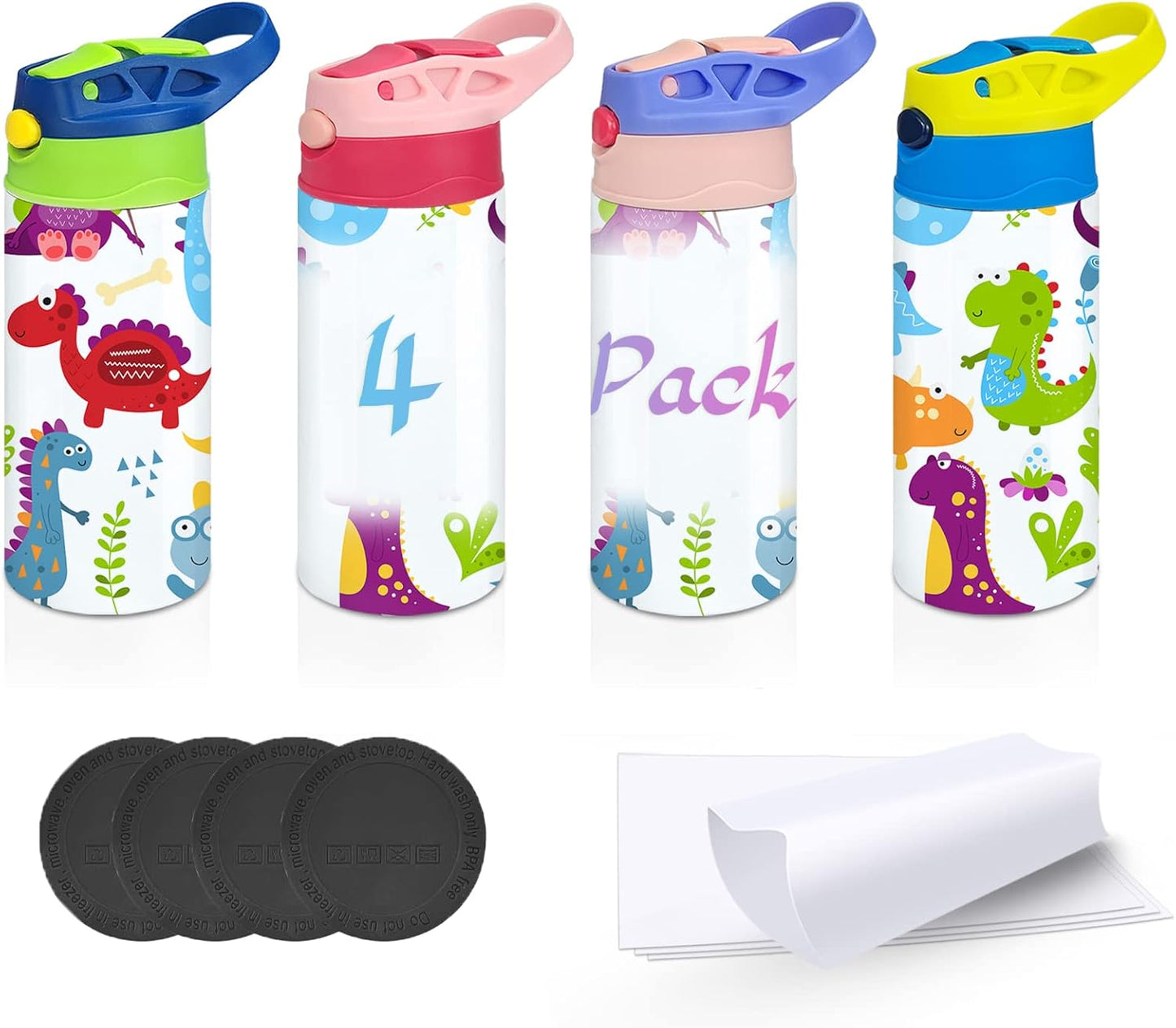 Kids Sublimation Tumbler,12Oz Sublimation Water Bottle Blanks,Straight Stainless Steel Todder Sippy Cup,4Pack Double Wall Insulated Sippy Tumbler with Handle,Shrink Films,Leak Proof