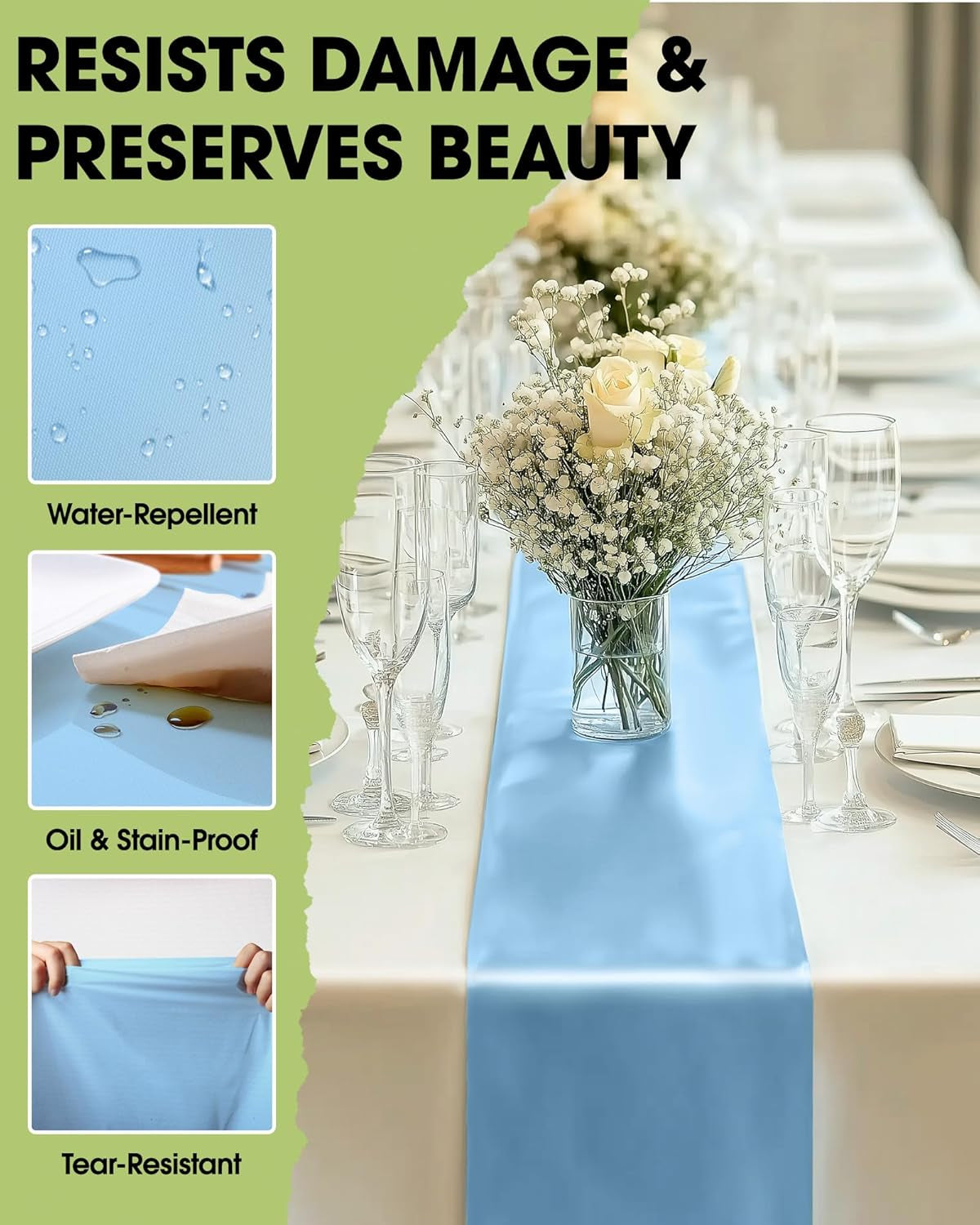 Light Blue Plastic Table Runners - 10 Pack, 14'' X 108'', Water Resistant & Disposable Centerpiece Decorations for Table Cloth, Wedding, Birthday, Holiday, Baby Shower, Party, Home Decor