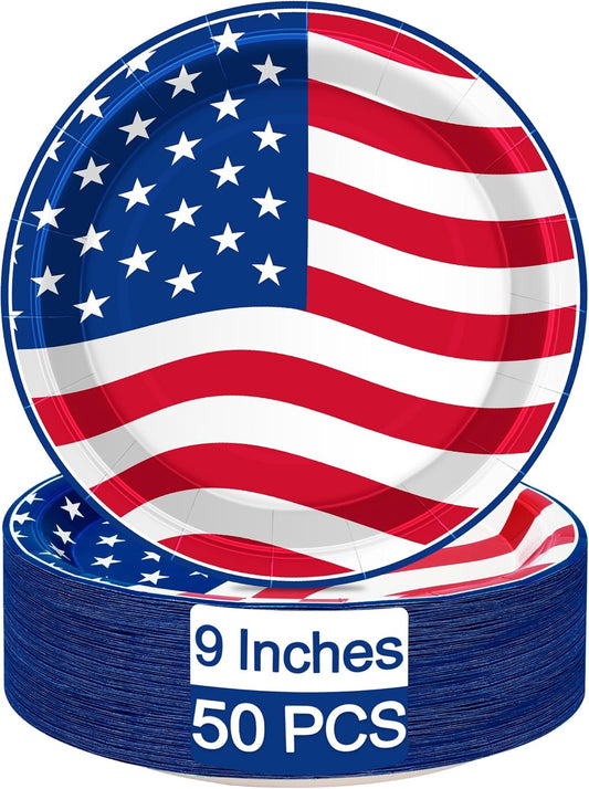 50 PCS 4Th of July Plates, 9 Inches Heavy Duty Paper Plates, round Disposable Plates for Party, Paper Tableware for Veterans Day Memorial Day Patriotic Independence Day Party Decorations