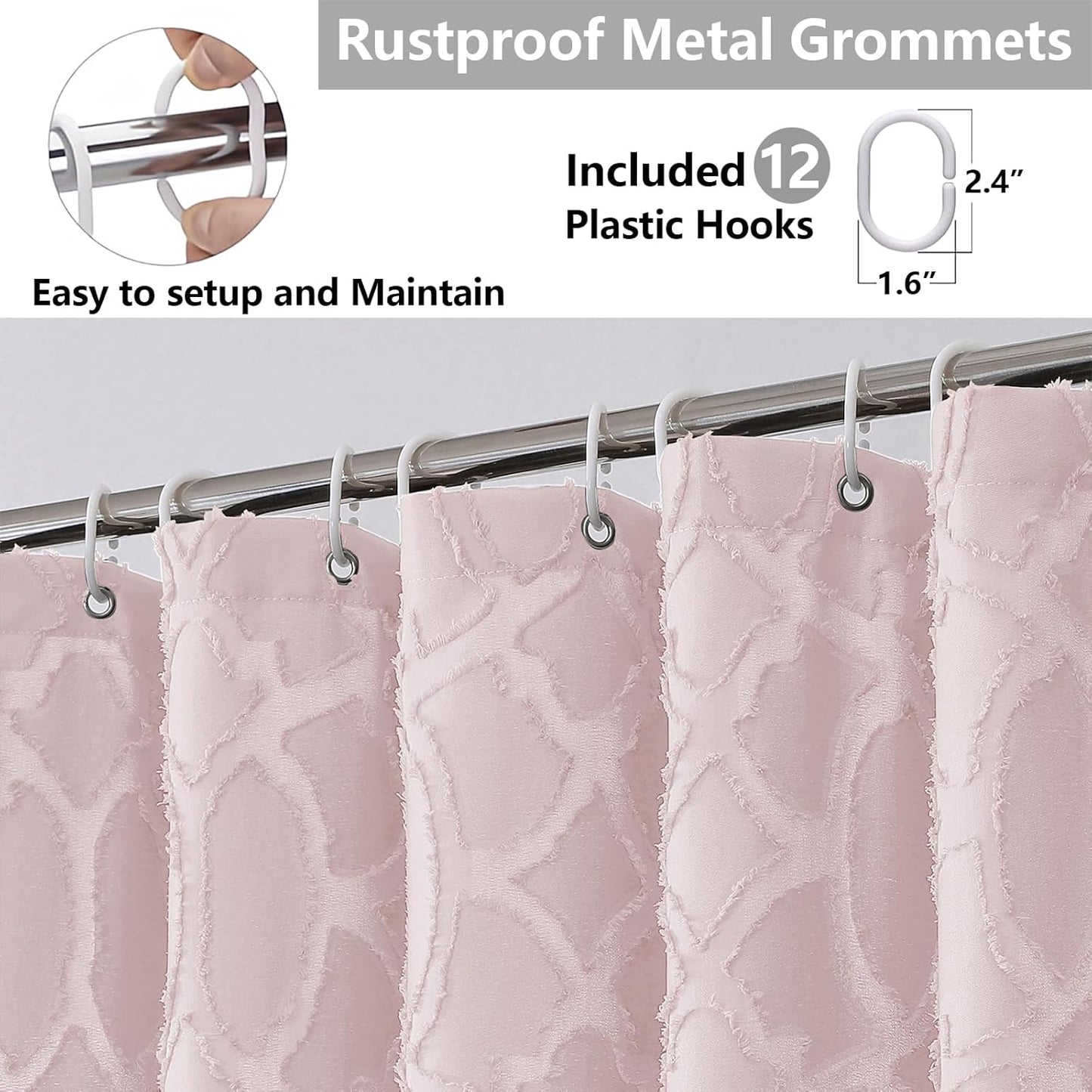Blush Stall Shower Curtain Set 36X72 Inches, Jacquard Geometric Textured Tufted Fabric Shower Curtains for Bathroom, Boho Half Size RV Shower Curtains with 12 Plastic Hooks