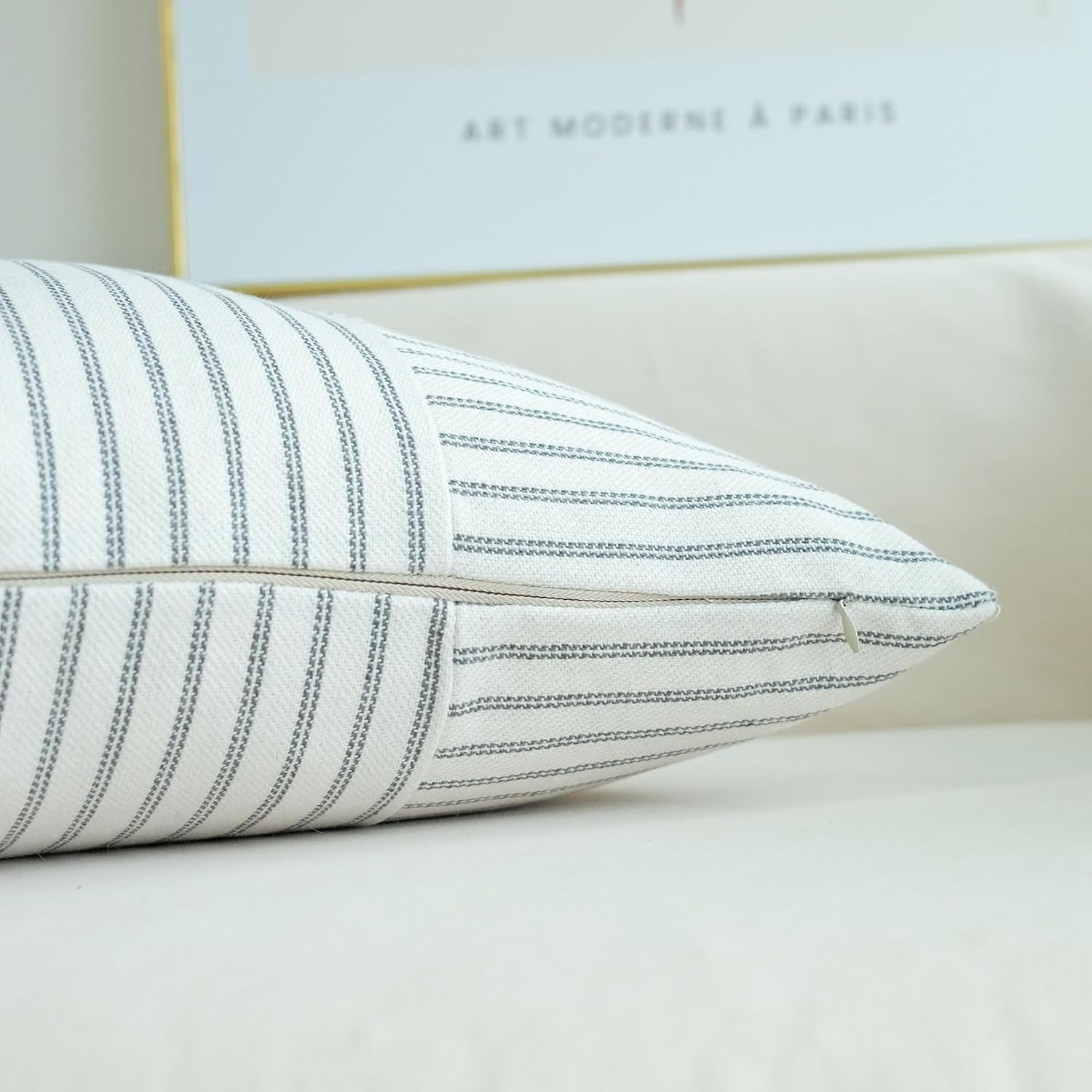 Grey and Beige Patchwork Farmhouse Pillow Covers 18X18 Inch, Pack of 2 Striped Linen Decorative Modern Accent Pillow Cases for Sofa Couch Bedroom 18 X 18