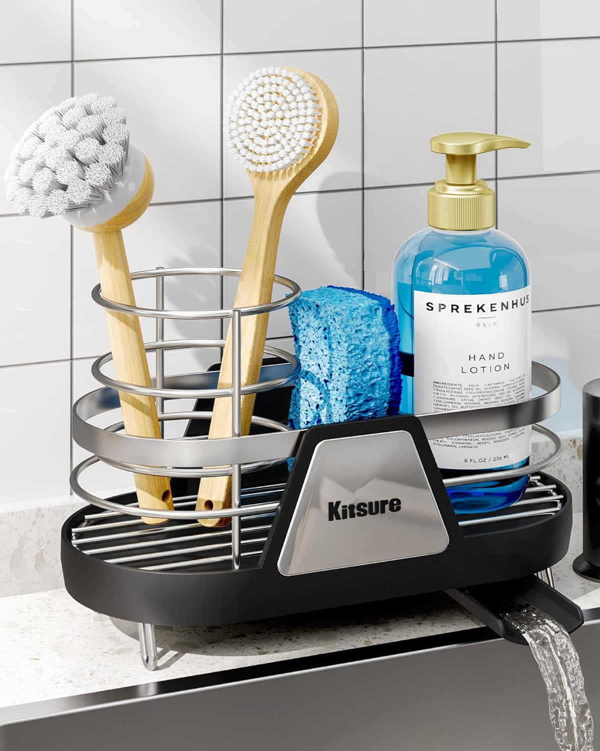 Sponge Holder for Kitchen Sink - Space-Saving Kitchen Sink Caddy, Rustproof Metal Sink Organizer with Removable Brush Holder, 7.3"×3.9"×5.3", Black