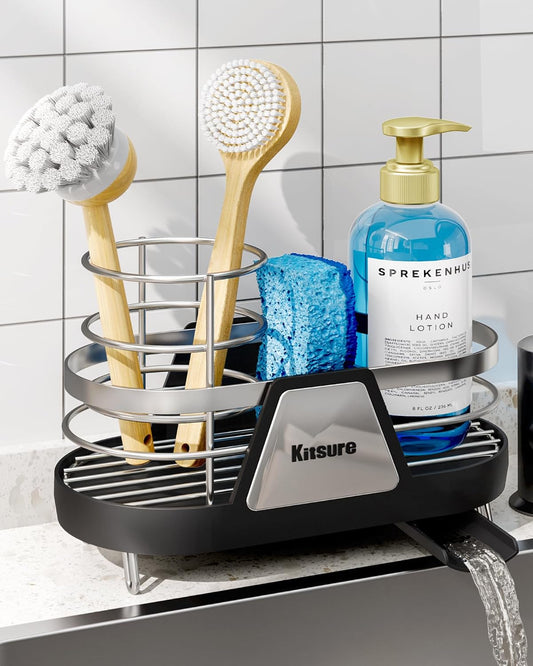 Sponge Holder for Kitchen Sink - Space-Saving Kitchen Sink Caddy, Rustproof Metal Sink Organizer with Removable Brush Holder, 7.3"×3.9"×5.3", Black