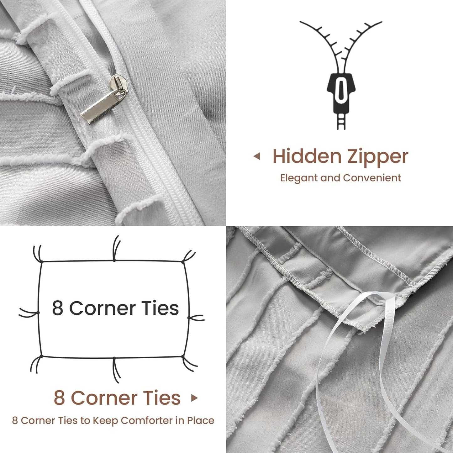 Light Grey Duvet Cover King Size - Striped Tufted King Duvet Cover Set with Zipper Closure, 3Pcs Soft Microfiber Boho Bedding Set for All Seasons (King, 104"X90")