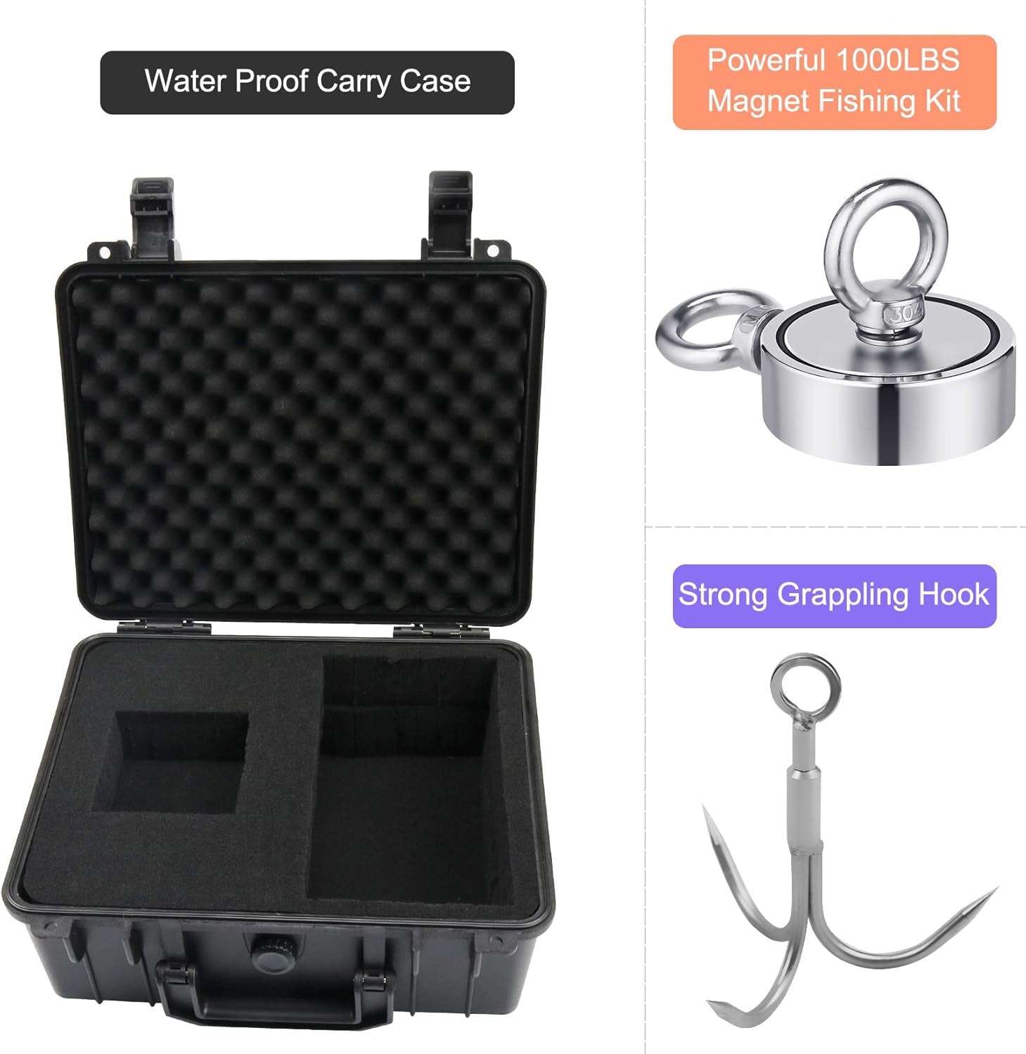 Fishing Magnet Kit with 1000 LBS Pulling Capacity - Includes Grappling Hook, Heavy Duty 65FT Rope, Gloves, and Locking Carabiner - 2.95 Inch Diameter