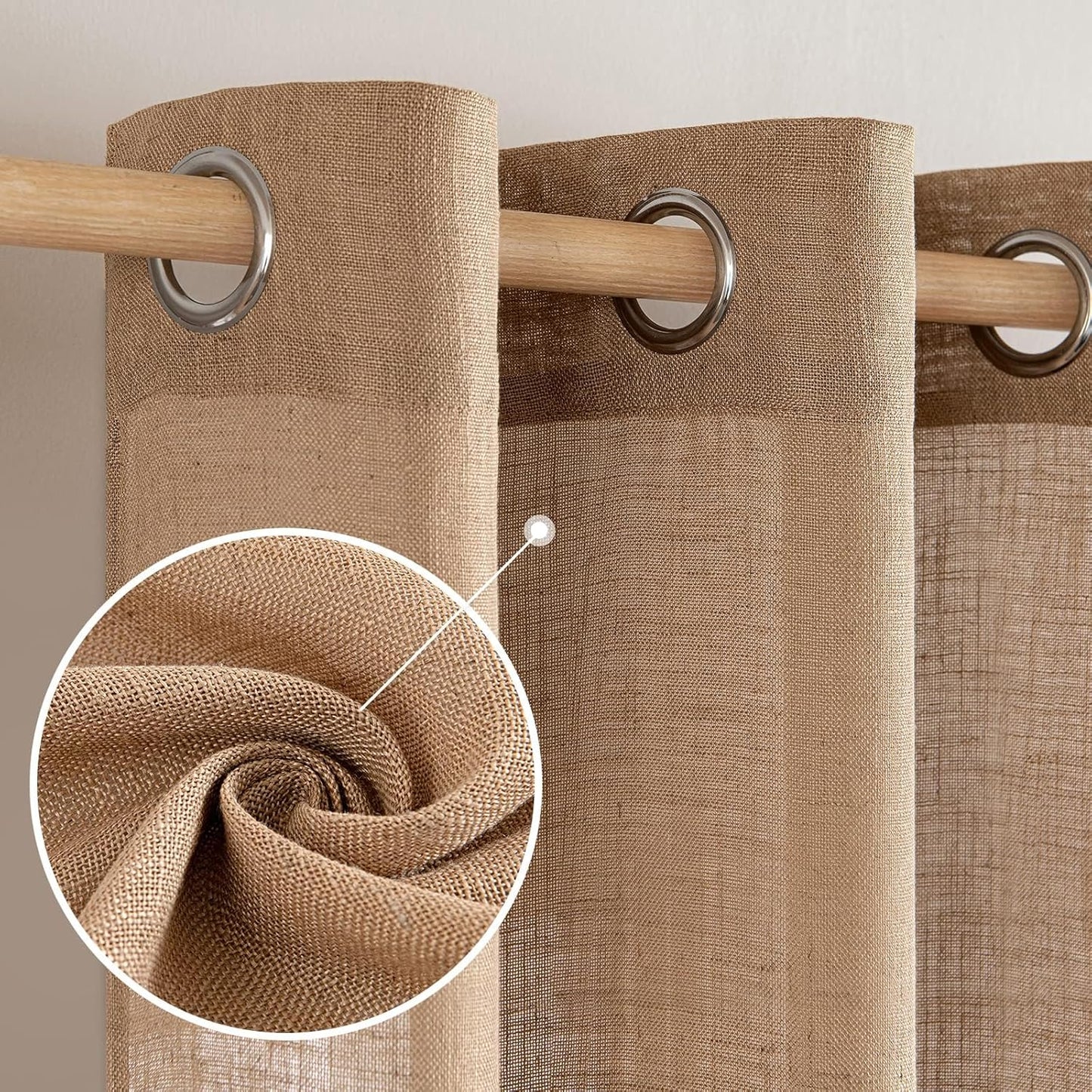 Brown Thick Linen Curtains 84 Inch Length for Bedroom Living Room, Linen Textured Window Drapes Semi Sheer Light Filtering Grommet Top Burlap Look, 2 Panels, Width 38 X Length 84 Inches