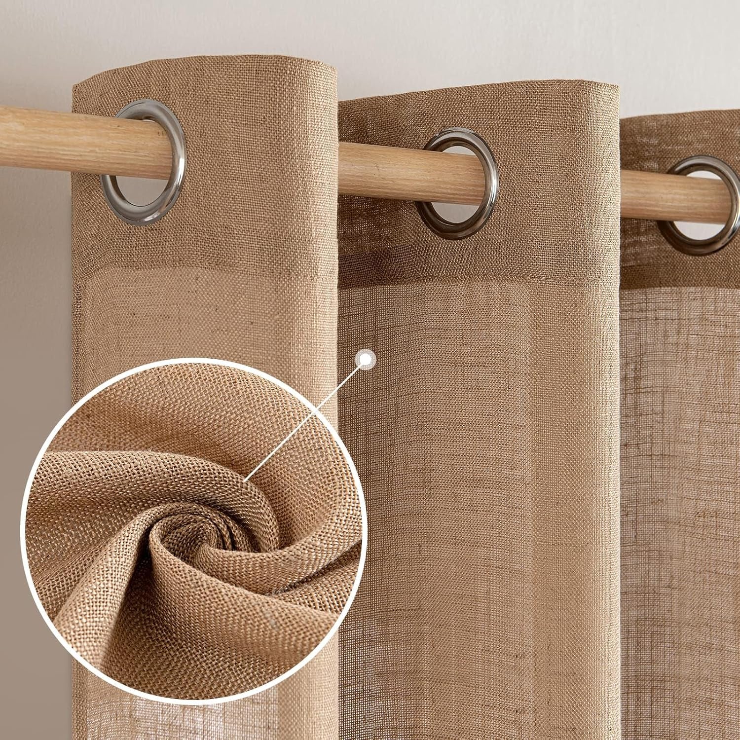 Brown Thick Linen Curtains 84 Inch Length for Bedroom Living Room, Linen Textured Window Drapes Semi Sheer Light Filtering Grommet Top Burlap Look, 2 Panels, Width 38 X Length 84 Inches