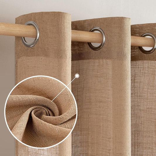 Brown Thick Linen Curtains 84 Inch Length for Bedroom Living Room, Linen Textured Window Drapes Semi Sheer Light Filtering Grommet Top Burlap Look, 2 Panels, Width 38 X Length 84 Inches