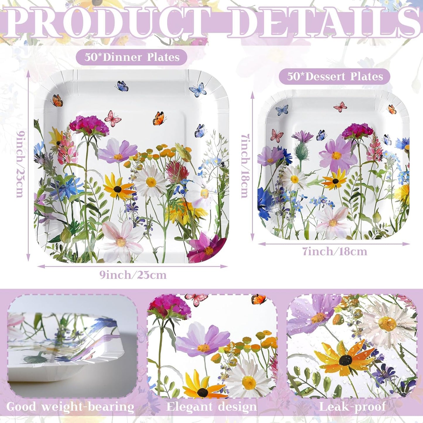 100-Piece Floral Disposable Paper Plate Set - 9'' Dinner Plates and 7'' Square Dessert Plates for Birthdays, Weddings, Baby Showers, and Parties (Sweet Color, Wildflower Design)