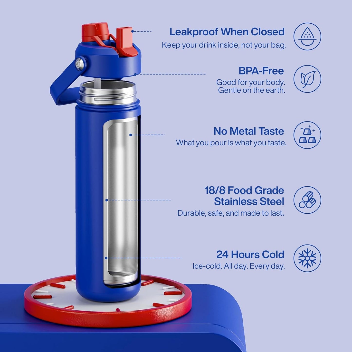 Insulated Water Bottle with Straw Stainless Steel Water Bottle, Leak-Proof, Bpa-Free, Double Wall Vacuum Keeps Cold for 24 Hours for Sports, Travel, School (26 Oz, Beaucoup Blue)