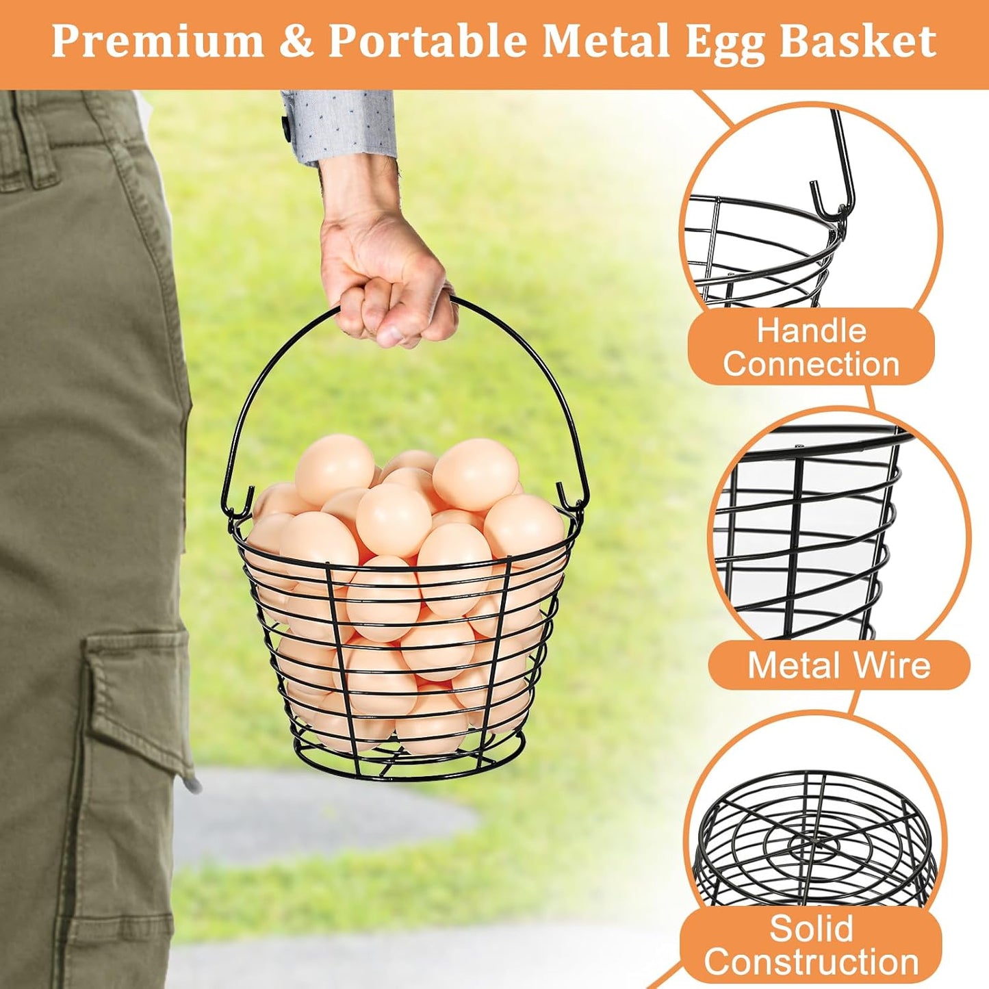 Set of 3 Black 8-Inch Round Wire Egg Baskets with Handle for Collecting Fresh Chicken and Duck Eggs, Ideal Countertop Storage Solution