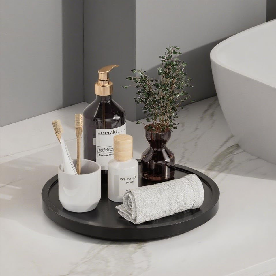 9'' Wood Lazy Susan Organizer Turntable for Cabinet, Lazy Susan for Table Top, Pantry, Kitchen, Bathroom, Countertop, Rotating Spice Organizer, Vanity Decor Tray, Pine Wood, Black