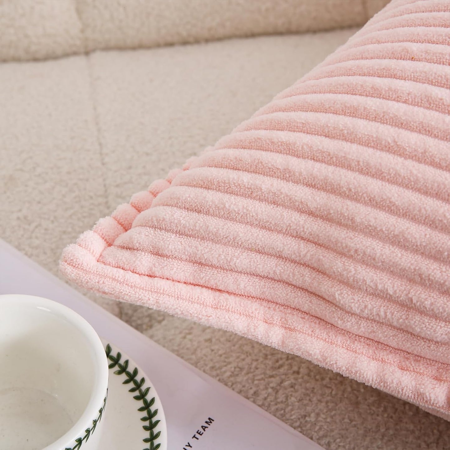 Valentines Day Decorations Corduroy Pink Throw Pillow Covers Set of 2 Striped Boho Decorative with Edge Design,Super Soft Throw Pillow Cushion Covers for Couch Sofa Living Room Solid Square 18Ă—18Inch