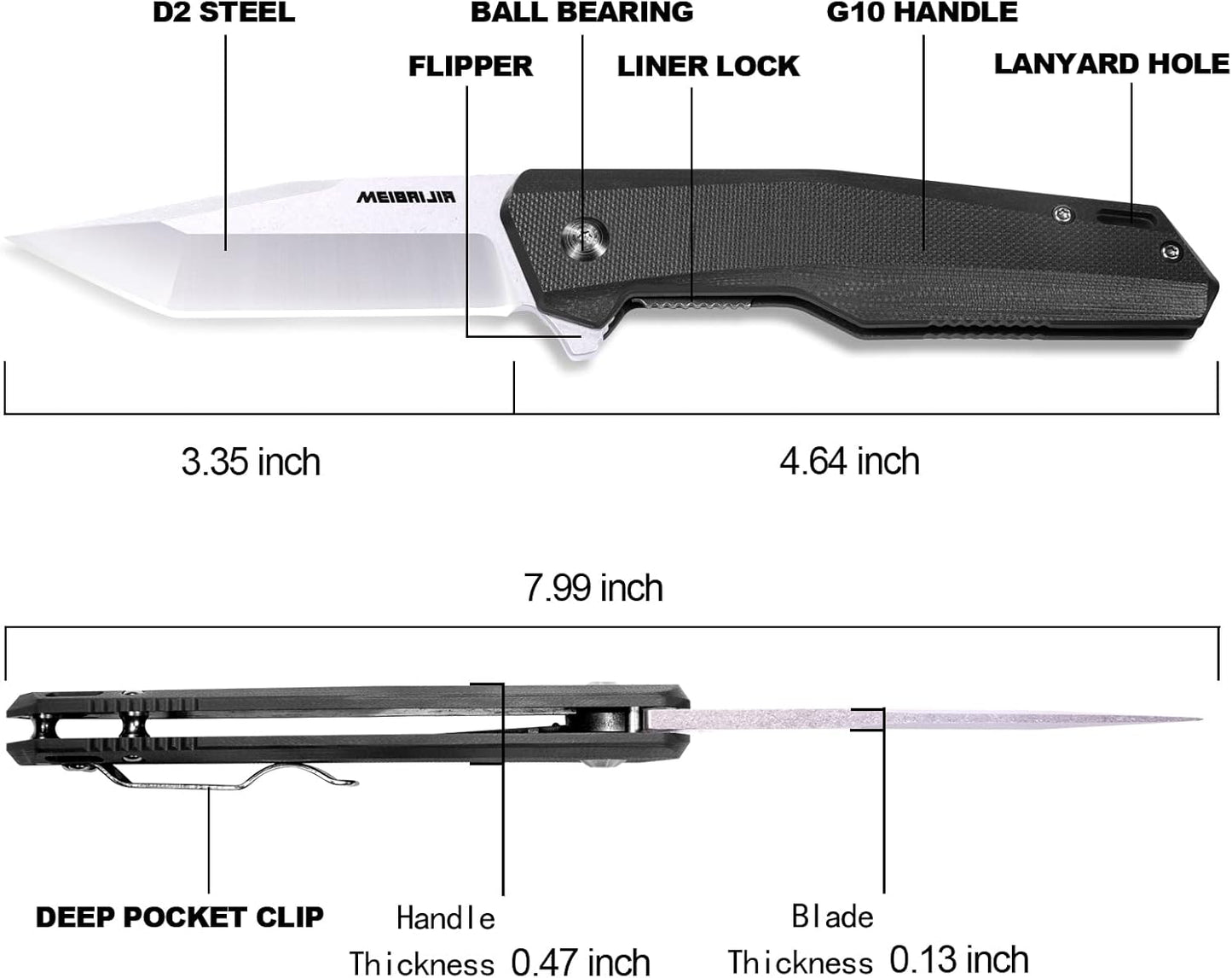 D2 Blade Folding Pocket Knife with G10 Handle, Liner Lock, Pocket Clip, and Smooth Flipping Action for Outdoor Activities