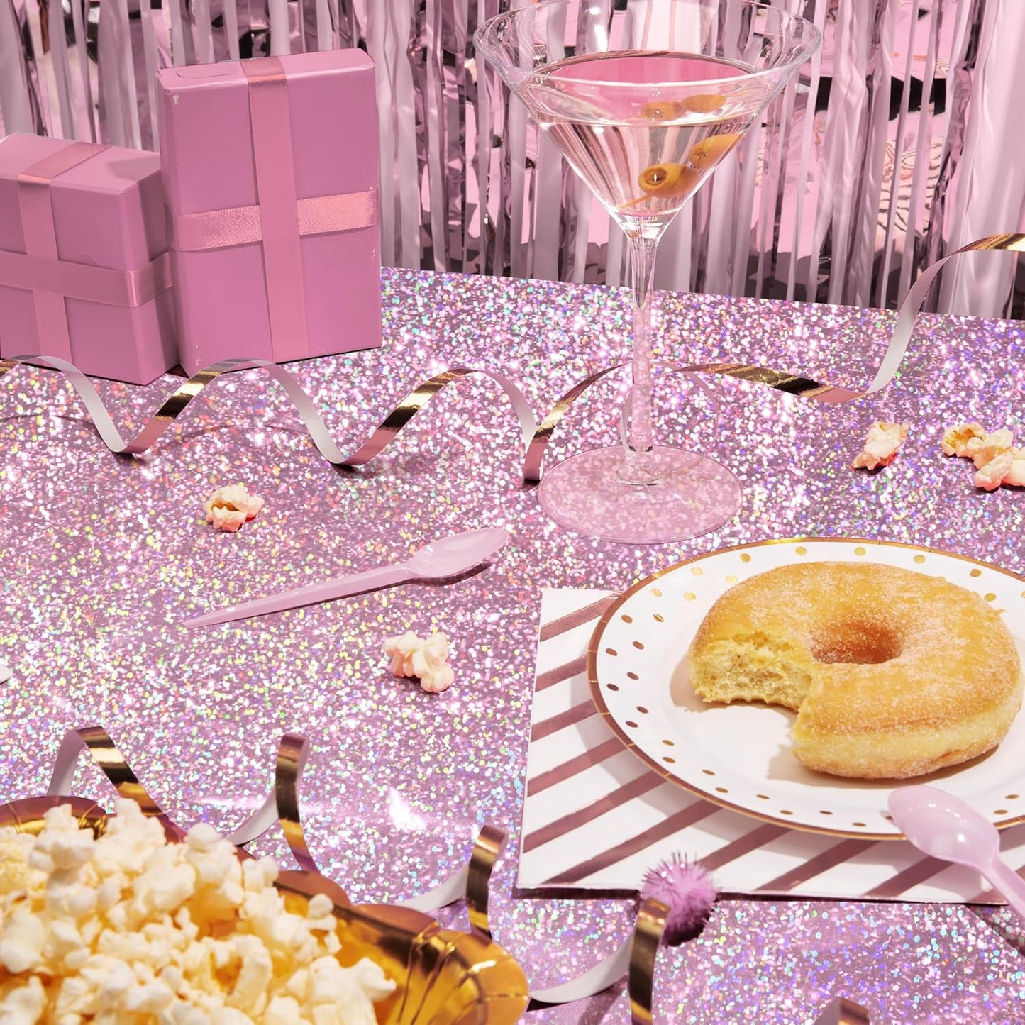 8-Piece Set of Pale Pink and Green Holographic Tablecloths, 40" x 108", Iridescent Plastic Table Decor for Birthday and Bachelorette Celebrations