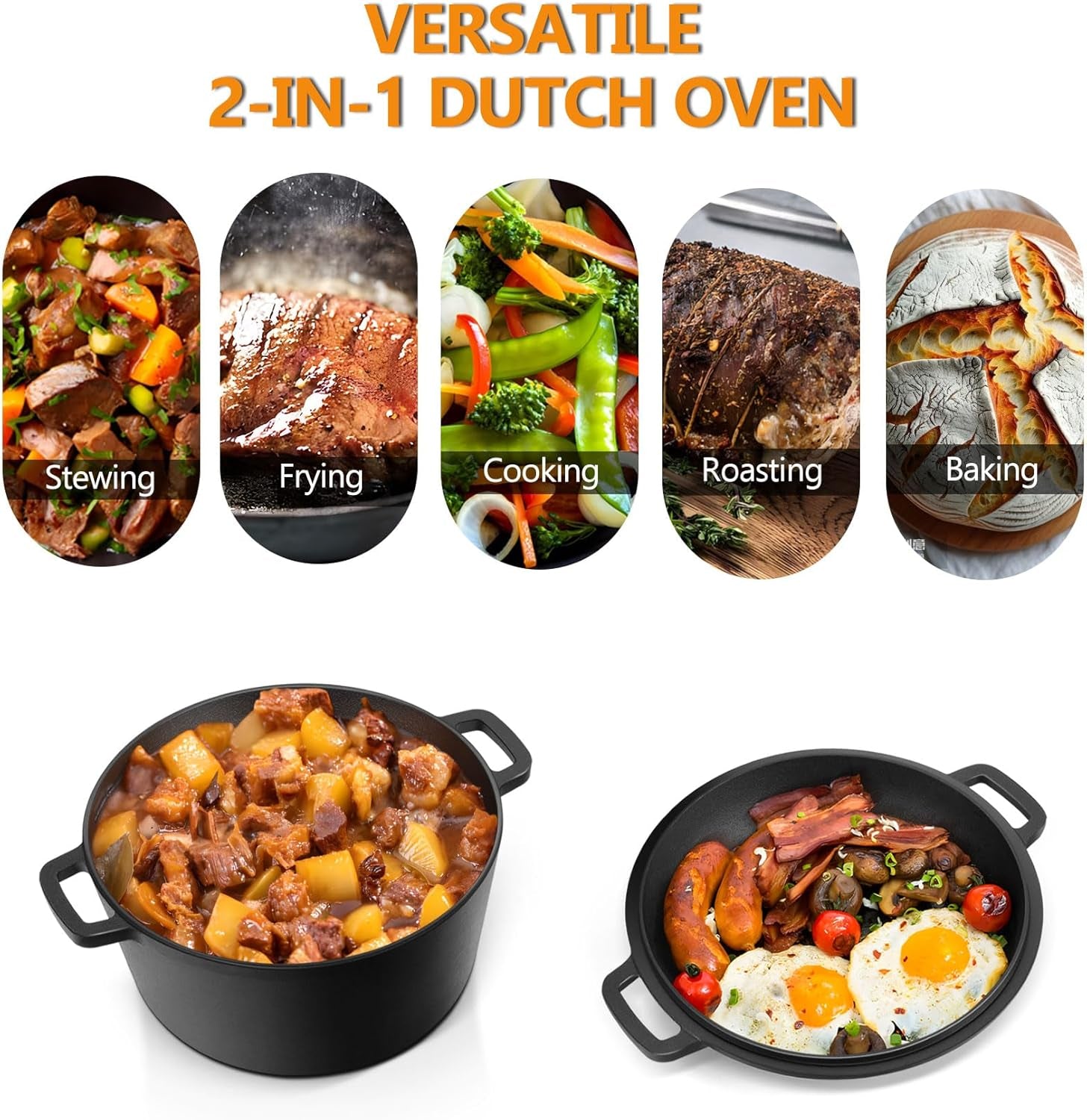5Qt Dutch Oven Pot for Bread Baking (Black), 2 in 1 round Cast Iron Dutch Oven with Lid Set, Skillet & Pot for Roasting Braising Stewing Frying Simmering, Multi Stoves & Oven Safe
