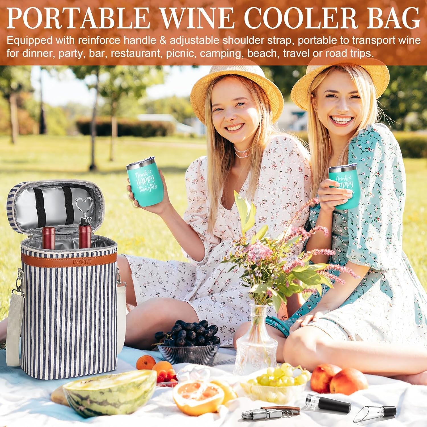Birthday Gifts for Women Men - Wine Gifts Baskets Mothers Day Gifts for Mom, Women, Friend, Wine Lovers, Self Care Package, Insulated Wine Tote Bag Wine Carrier with Tumblers & Wine Accessories Set