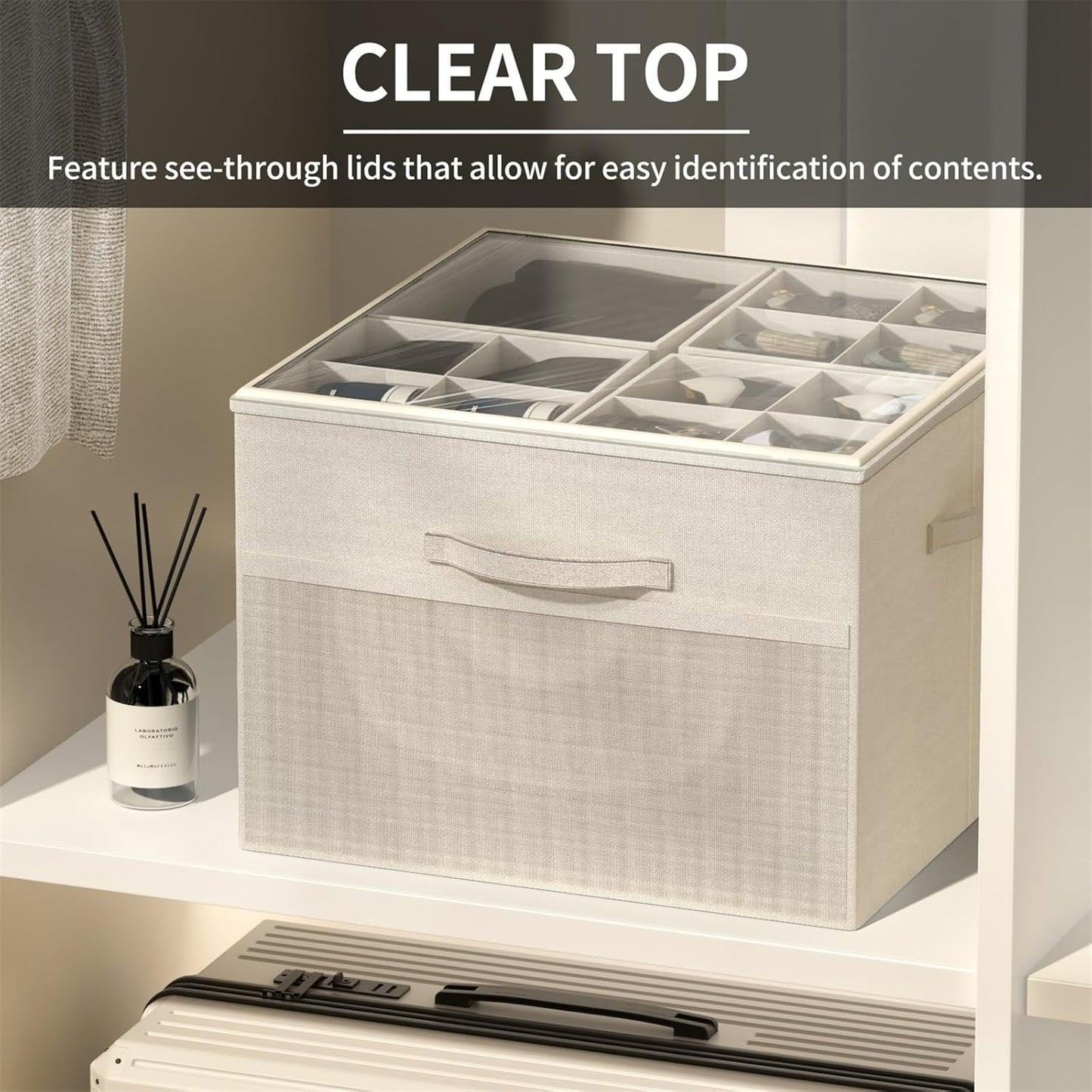 Shoe Organizer for Closet, 2 Pack Foldable Shoe Storage Organizer Box Bin with Adjustable Dividers and Clear Cover, Fits up to 16-32 Pairs (Beige)