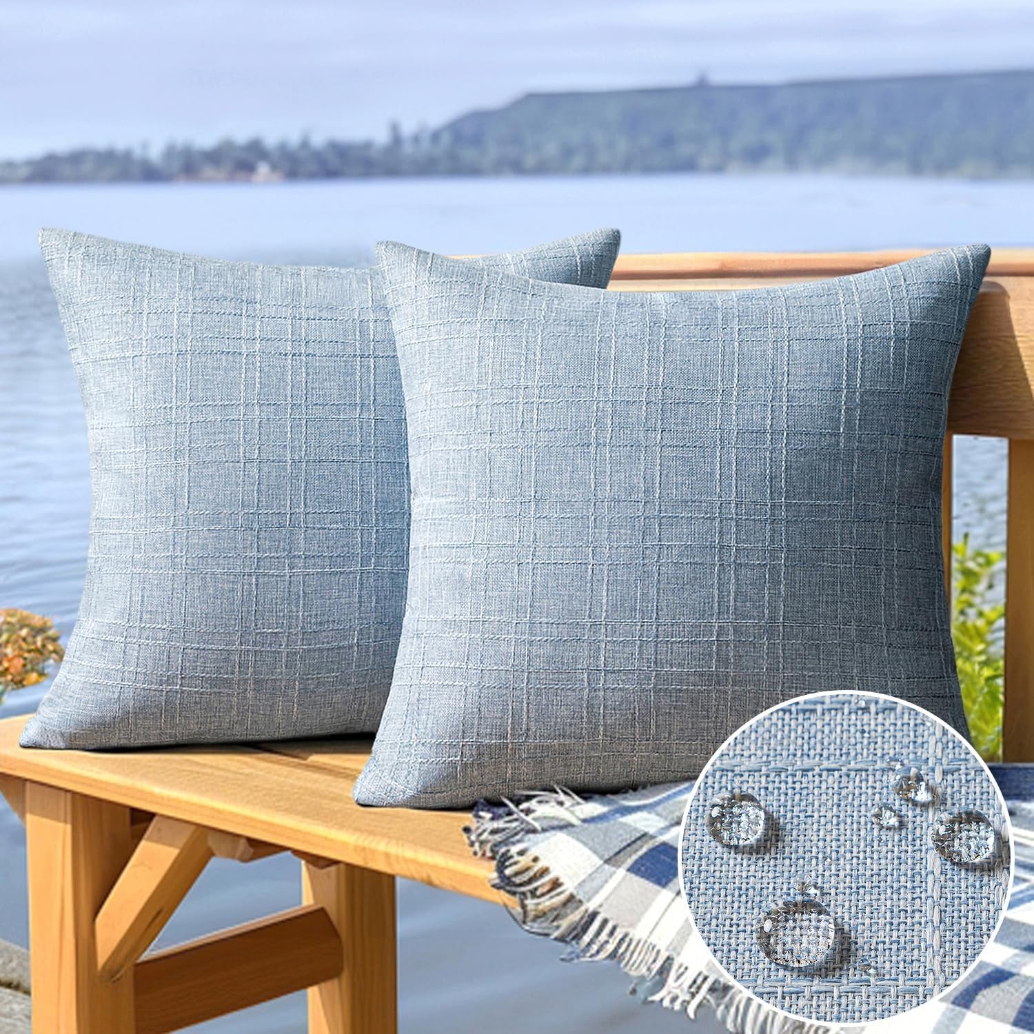 Outdoor Waterproof Throw Pillow Covers Decorative Farmhouse Water Resistant Cushion Covers for Tent Patio Garden Couch Sofa Pack of 2, 20X20 Inch Light Blue