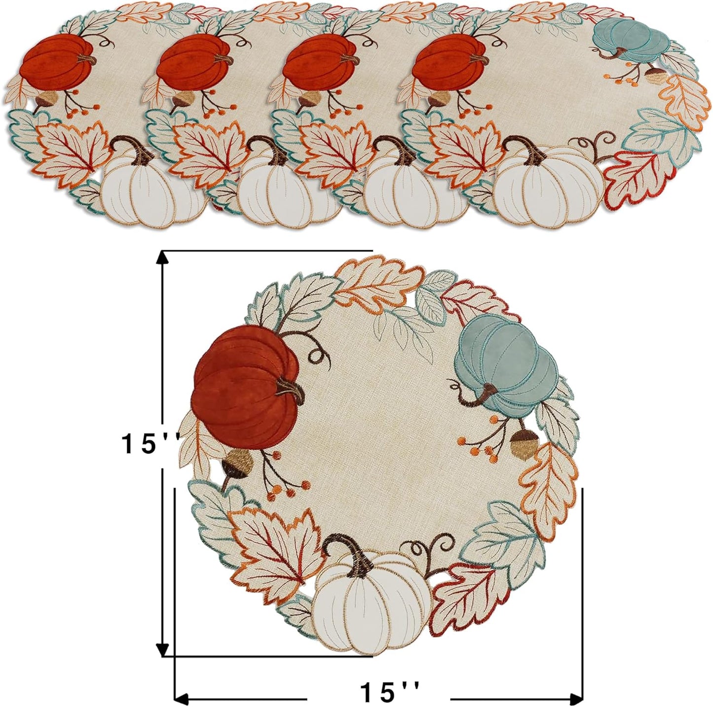 Thanksgiving Placemats Set of 4, Fall Pumpkins round Placemats, Embroidered Harvest Pumpkin Farmhouse Placemat for Dining Table, Fall Decor for Home, Halloween Table Decorations