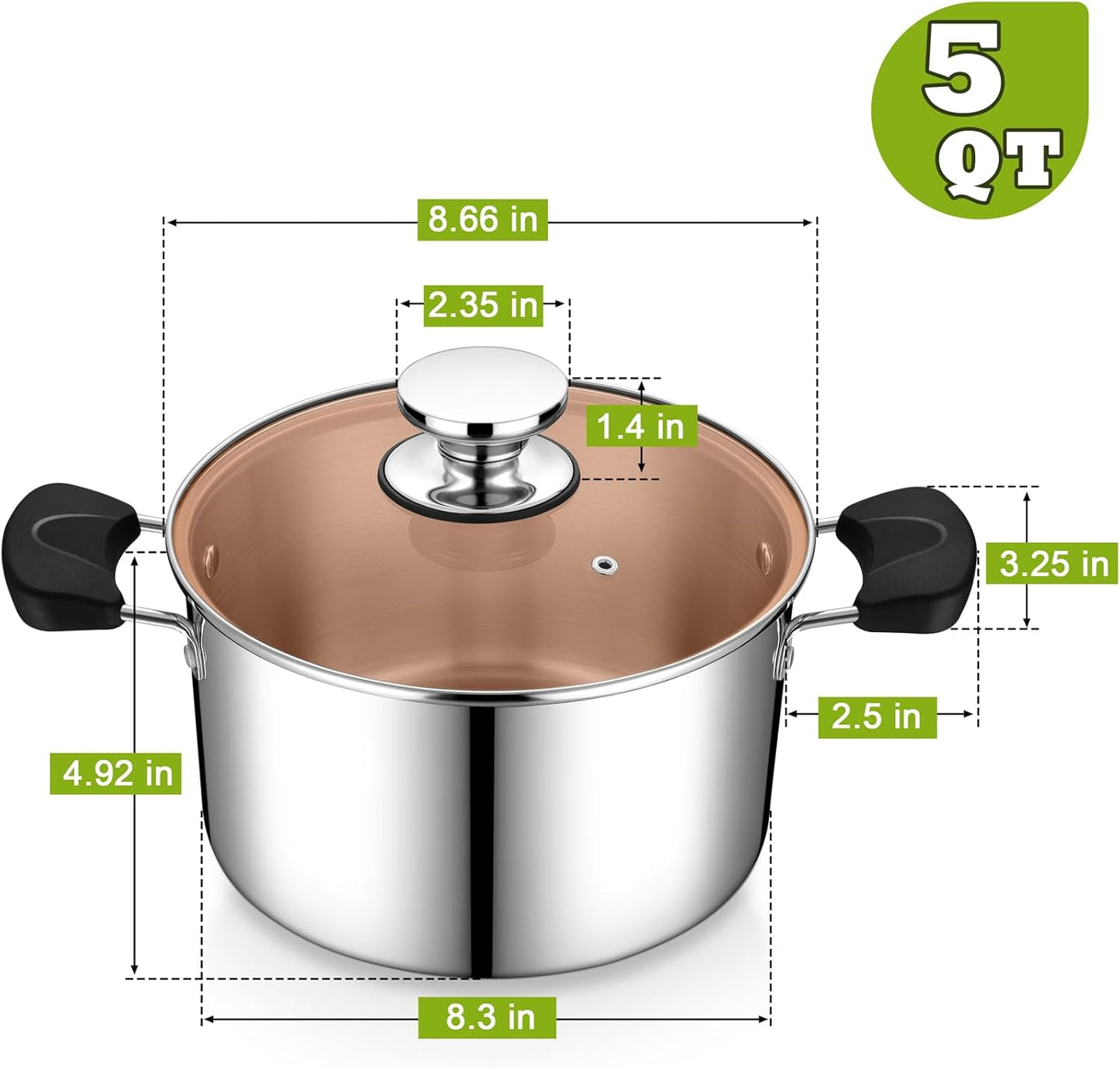 Stainless Steel 3-Ply Sock Pot with Lid, Stockpot for Cooking Pasta & Stewing Soup, Fits Multi Stoves, Heat-Proof Handle & Clear Lid, Heavy Duty & Dishwasher Safe, 5 Quarts