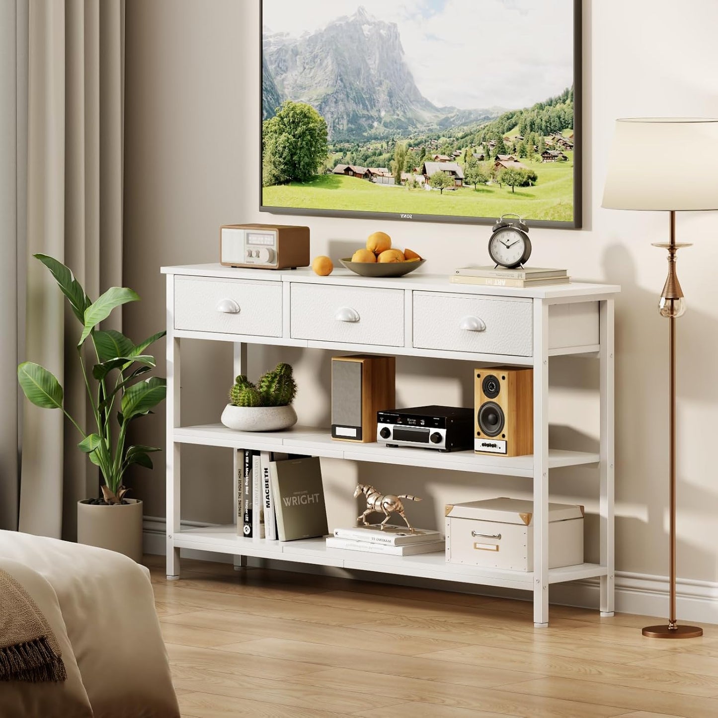 White Long 47" Console Sofa Table with 3 Drawers, Entryway Table with 3-Tier Storage Shelves, Display Shelf for Entry Way, Hallway, Couch, Living Room, Kitchen, Foyer