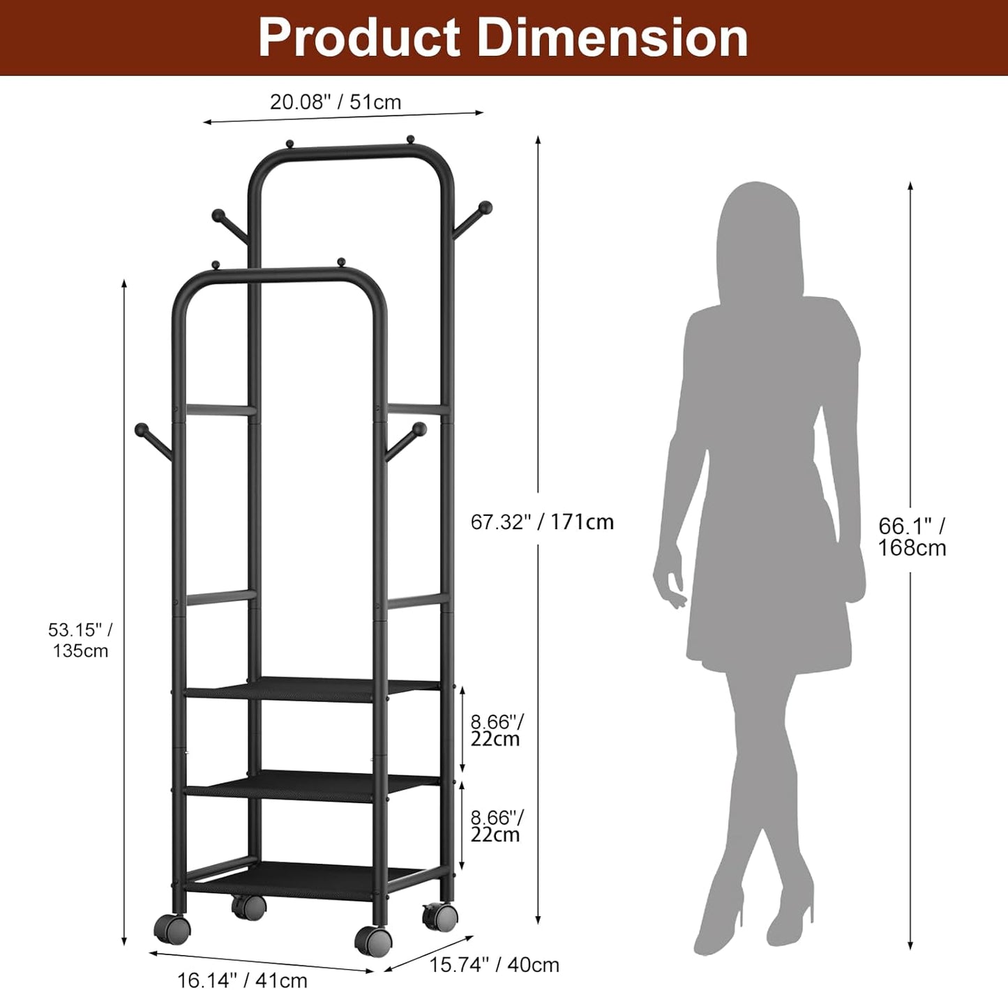 Rolling Clothing Racks for Hanging Clothes, Double Rods Clothes Rack with Wheels, Sturdy Coat Racks,Portable Metal Garment Rack for Bedroom Laundry Living Room, Black