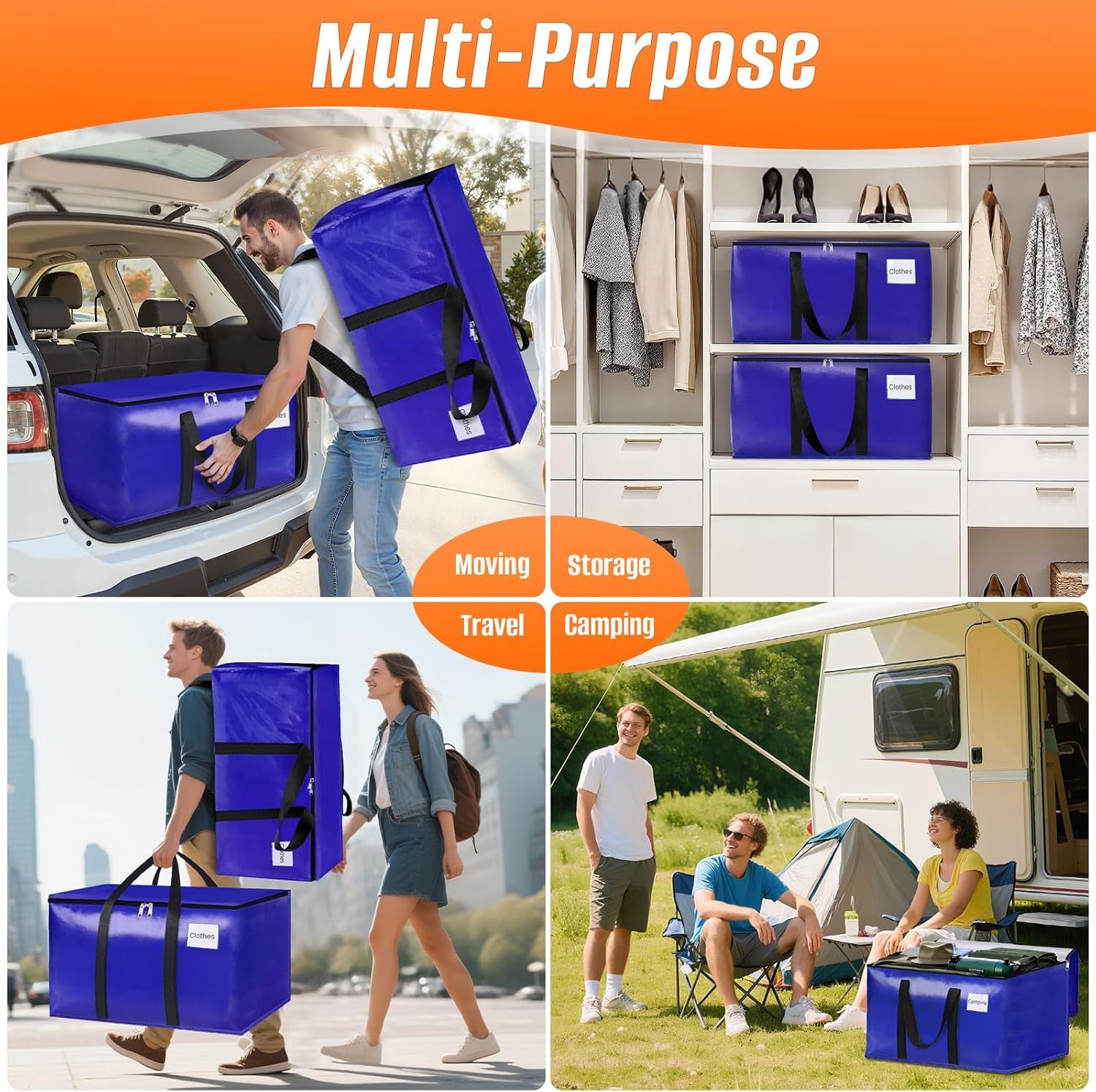 8-Pack Moving Bags with Backpack Straps & Carry Handles, 25 Gallons-93 L Heavy Duty Storage Totes for Space Saving, Foldable Storage Bags for College Dorm, Travel, Camping (Blue)