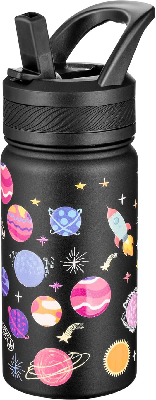 14 Oz Kids Insulated Water Bottle with Straw - Stainless Steel Double Wall Vacuum Cup, Leakproof, BPA Free, Suitable for Boys and Girls(Black - Solar System)