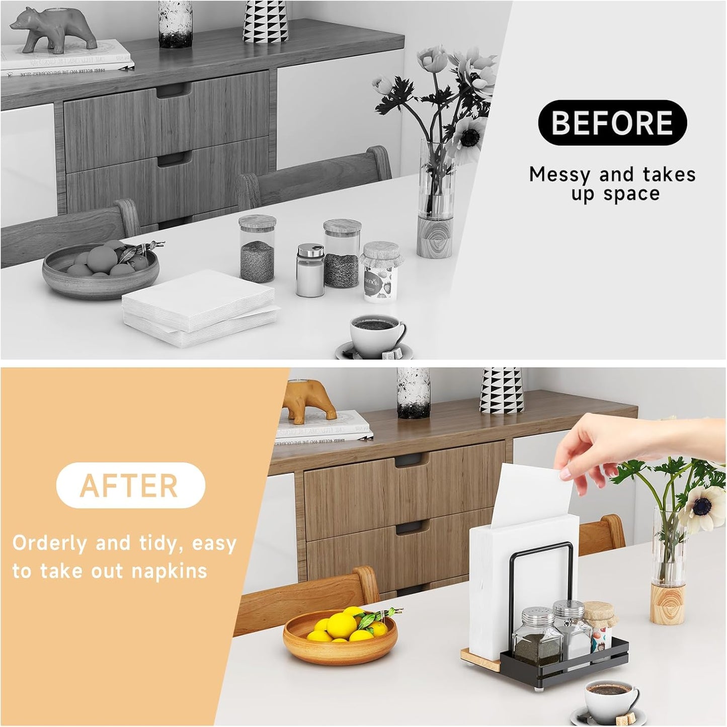Napkin Holder, Wood Metal Napkin Holder for Table with Salt and Pepper Shakers Caddy, Standing Paper Napkin Dispenser for Kitchen Dining Countertop Decor, Wood & Metal Base, Black