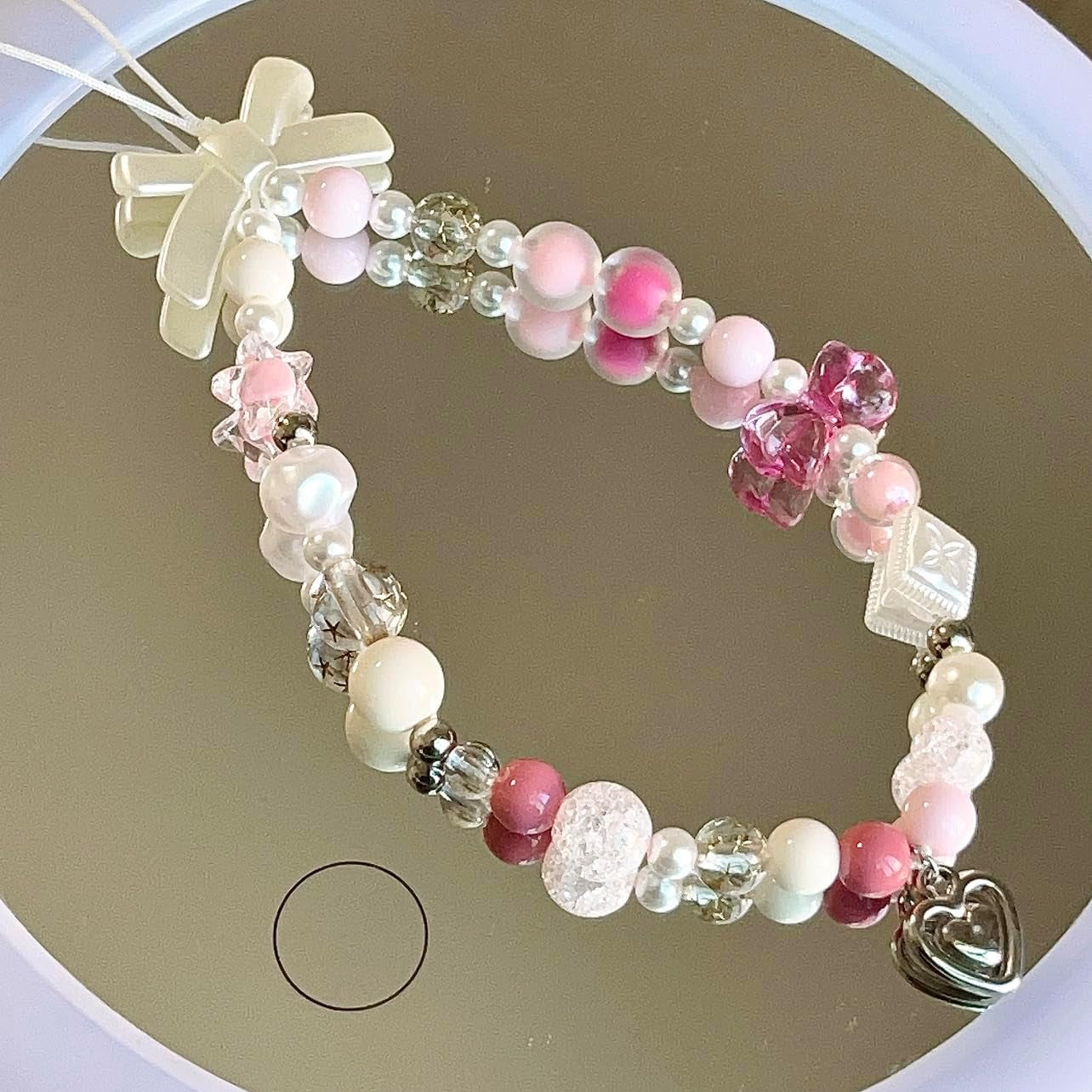 Pink Beaded Phone Charm Aesthetic Y2K Cell Phone Charms Strap Accessories for Keychain Camera