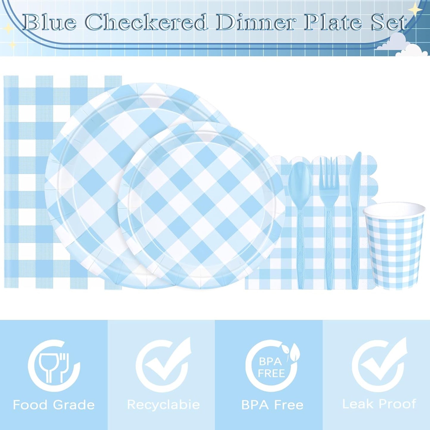 176 PCS Light Blue Gingham round Plates and Napkins, Blue Checkered Disposable Plates Set with Napkins Cups Plastic Spoons Forks Knives for Dinner Birthday Baby Shower Wedding Supplies Serve 25 Guests