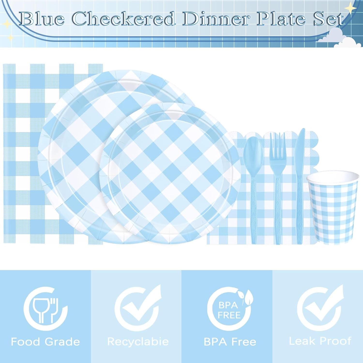 176 PCS Light Blue Gingham round Plates and Napkins, Blue Checkered Disposable Plates Set with Napkins Cups Plastic Spoons Forks Knives for Dinner Birthday Baby Shower Wedding Supplies Serve 25 Guests